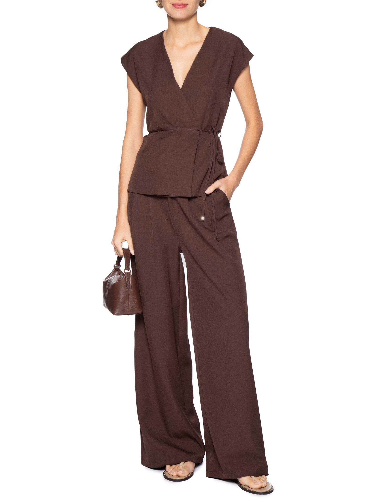 Conjunto Feminino Colete e Calça Com Amarração Marrom Basiq