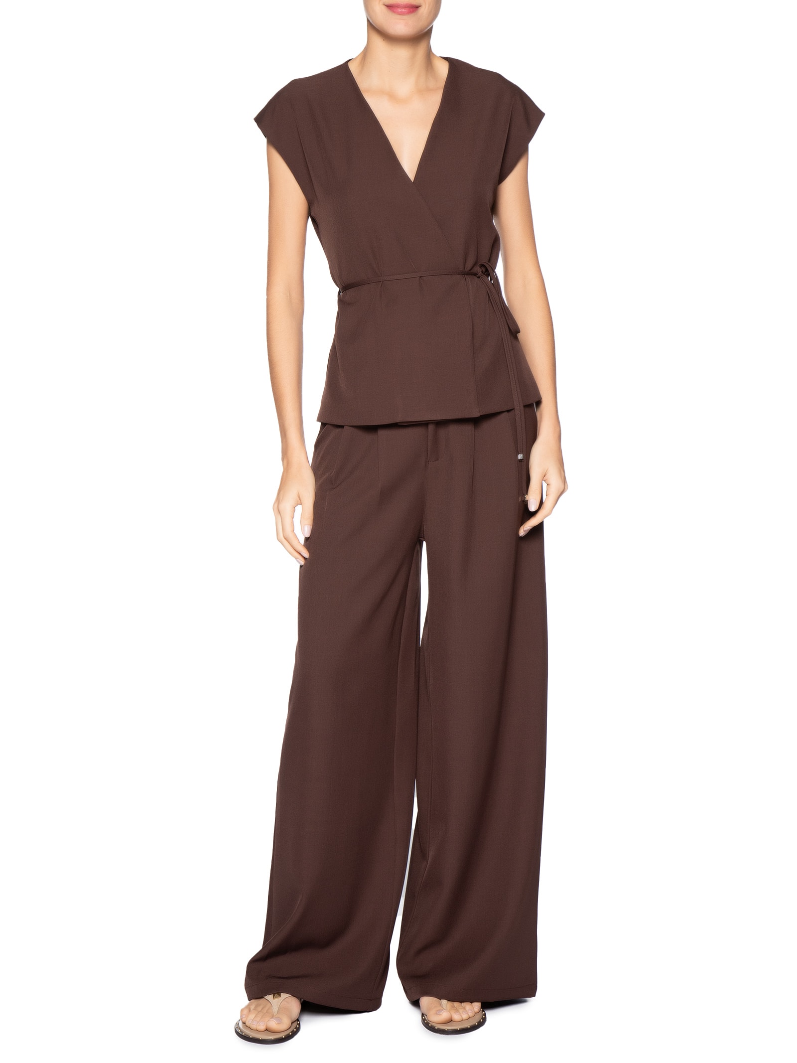 Conjunto Feminino Colete e Calça Com Amarração Marrom Basiq