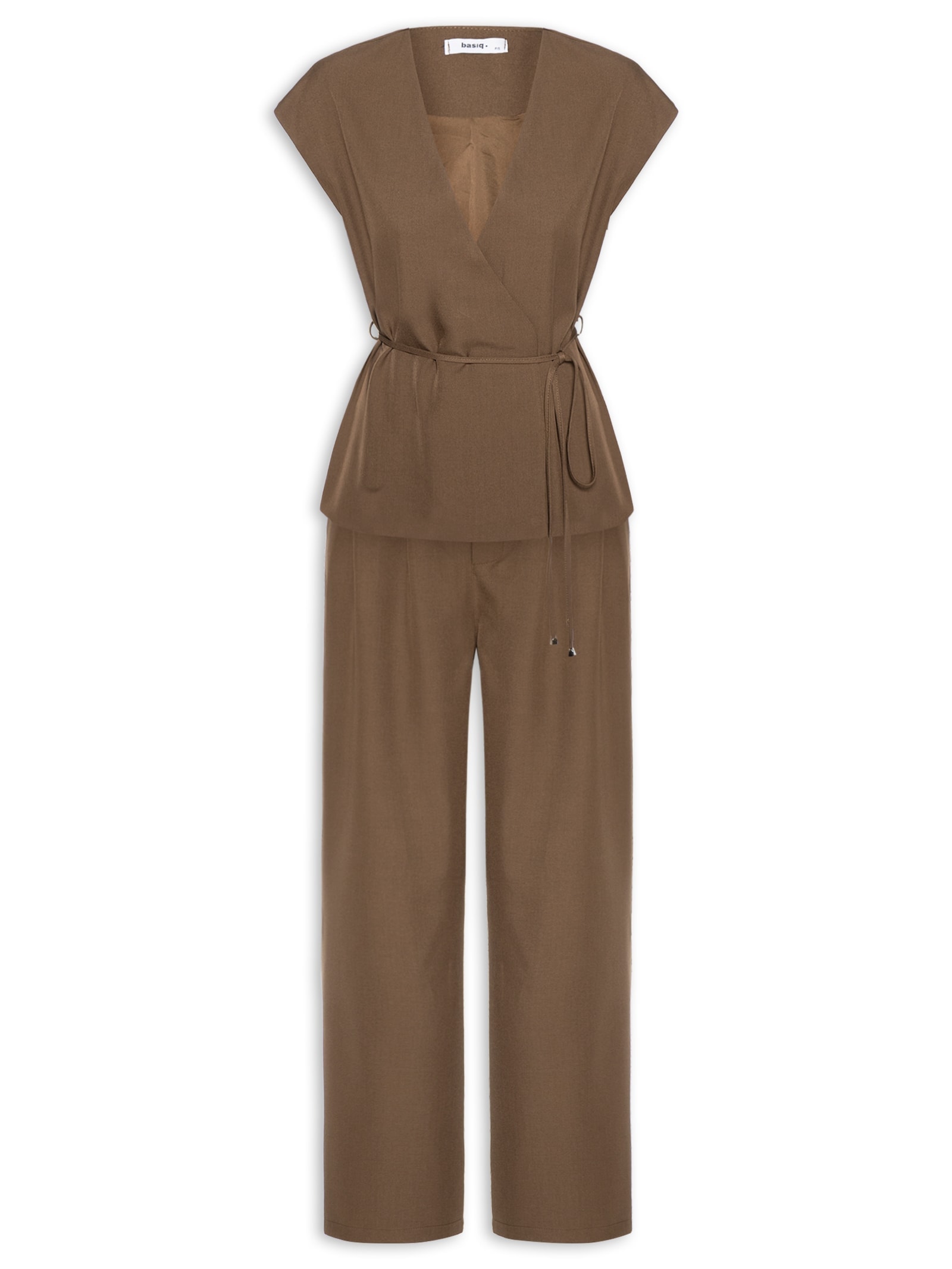 Conjunto Feminino Colete e Calça Com Amarração Marrom Basiq