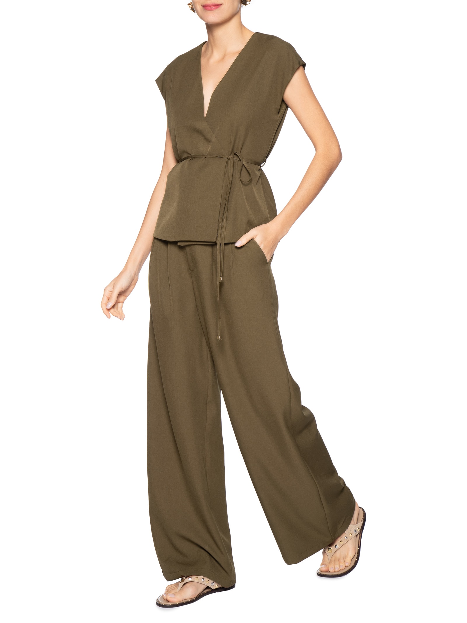 Conjunto Feminino Colete e Calça Com Amarração Marrom Basiq