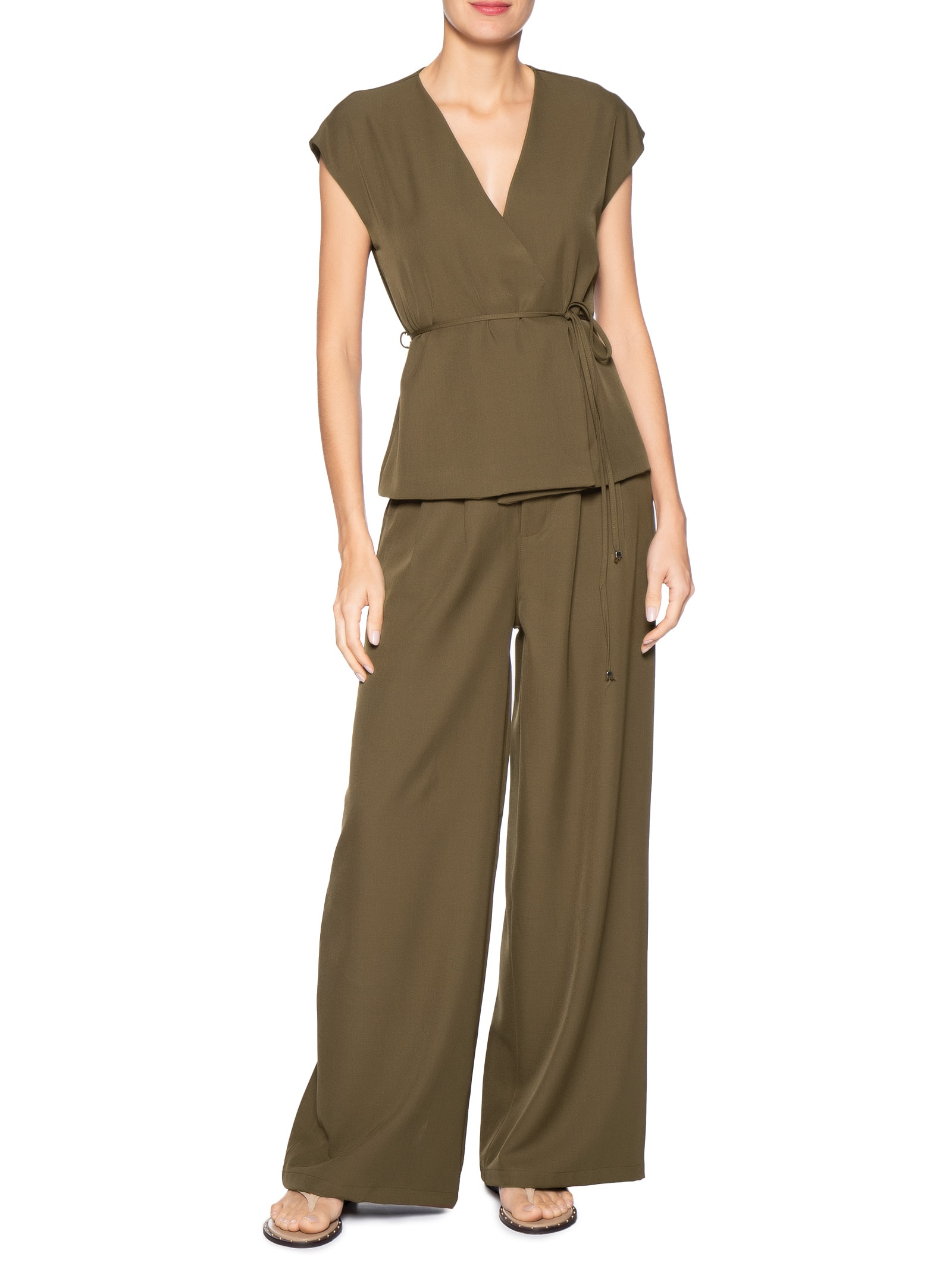 Conjunto Feminino Colete e Calça Com Amarração Marrom Basiq