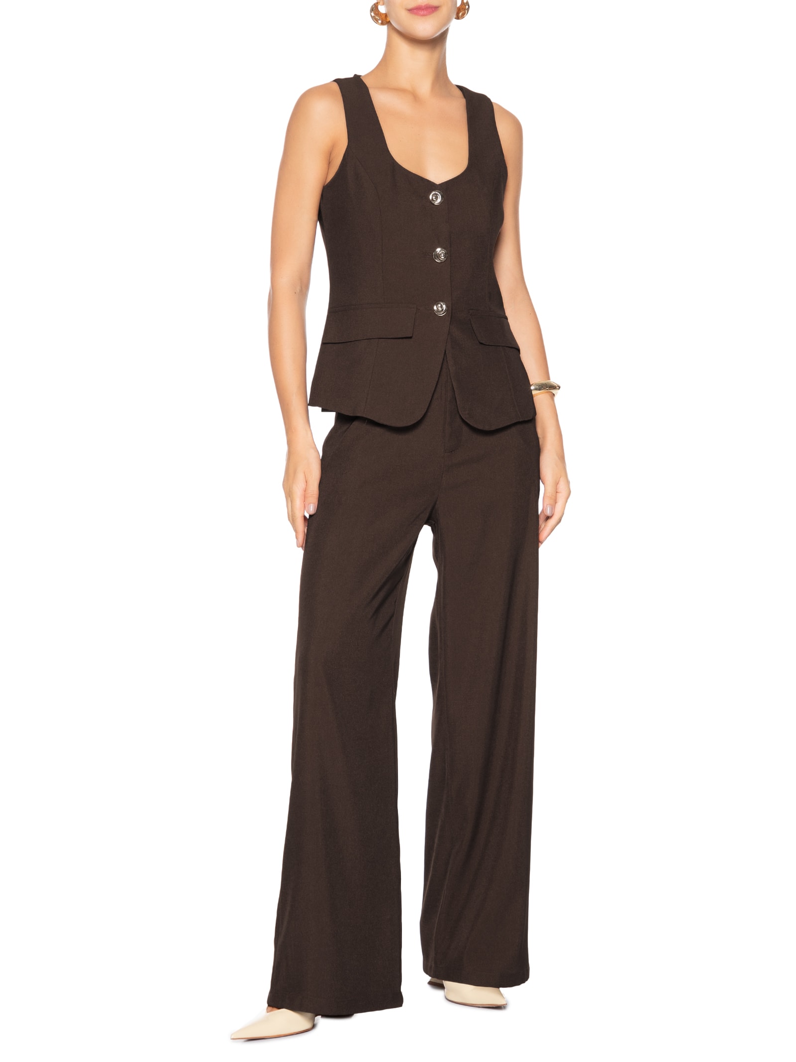 Conjunto Feminino Colete E Calça Pantalona Marrom '2Essential