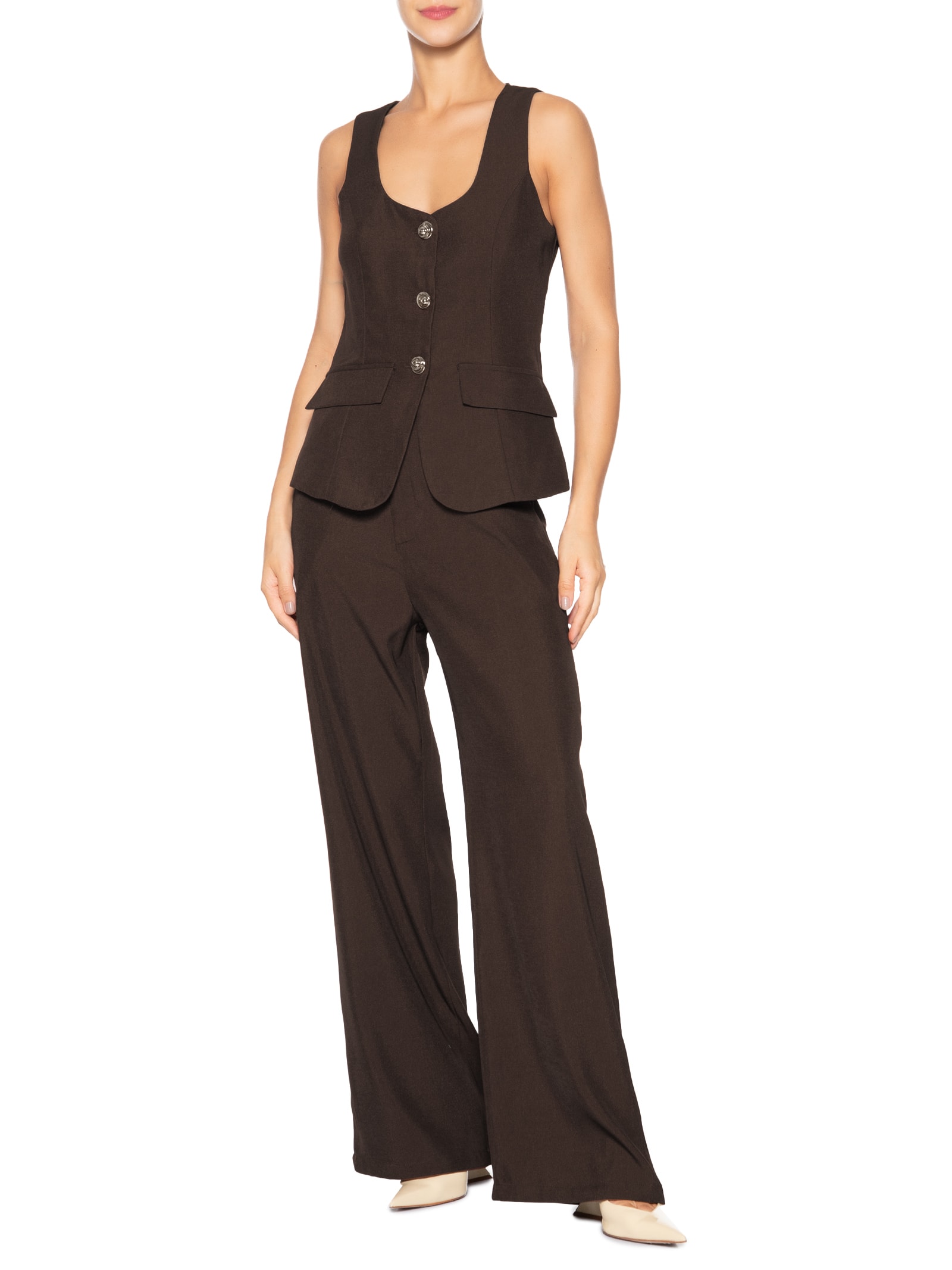 Conjunto Feminino Colete E Calça Pantalona Marrom '2Essential