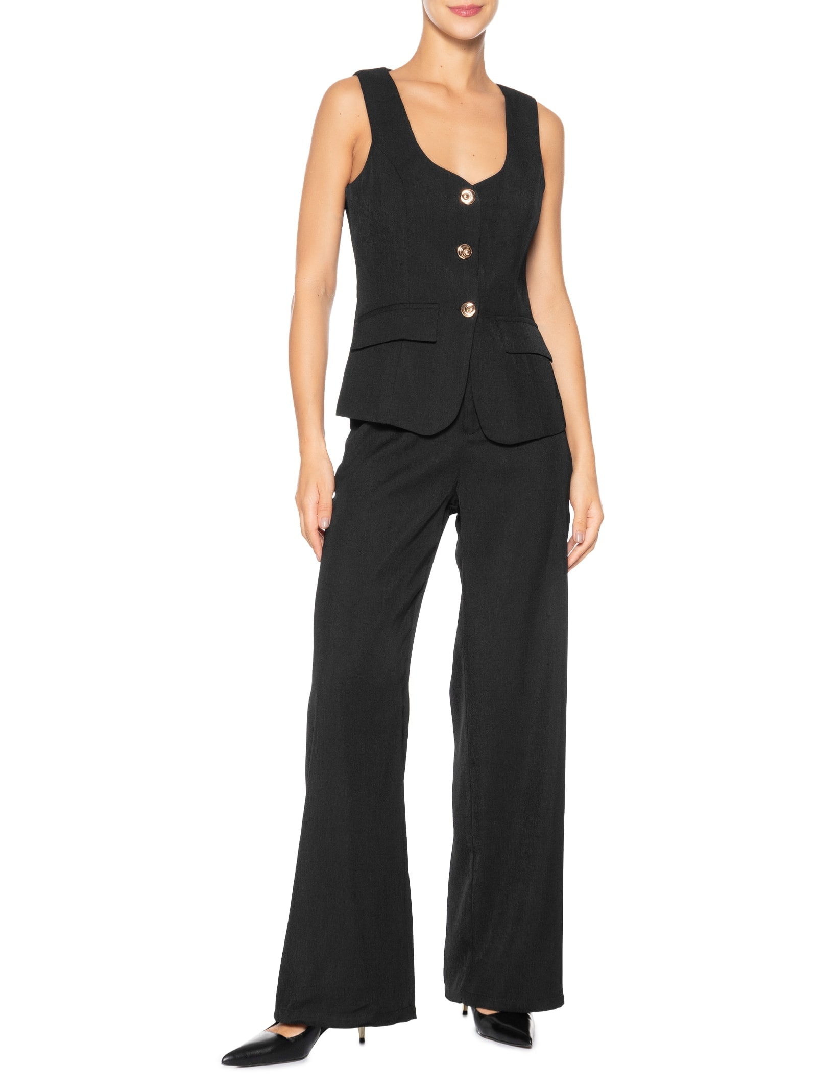 Conjunto Feminino Colete E Calça Pantalona Preto '2Essential