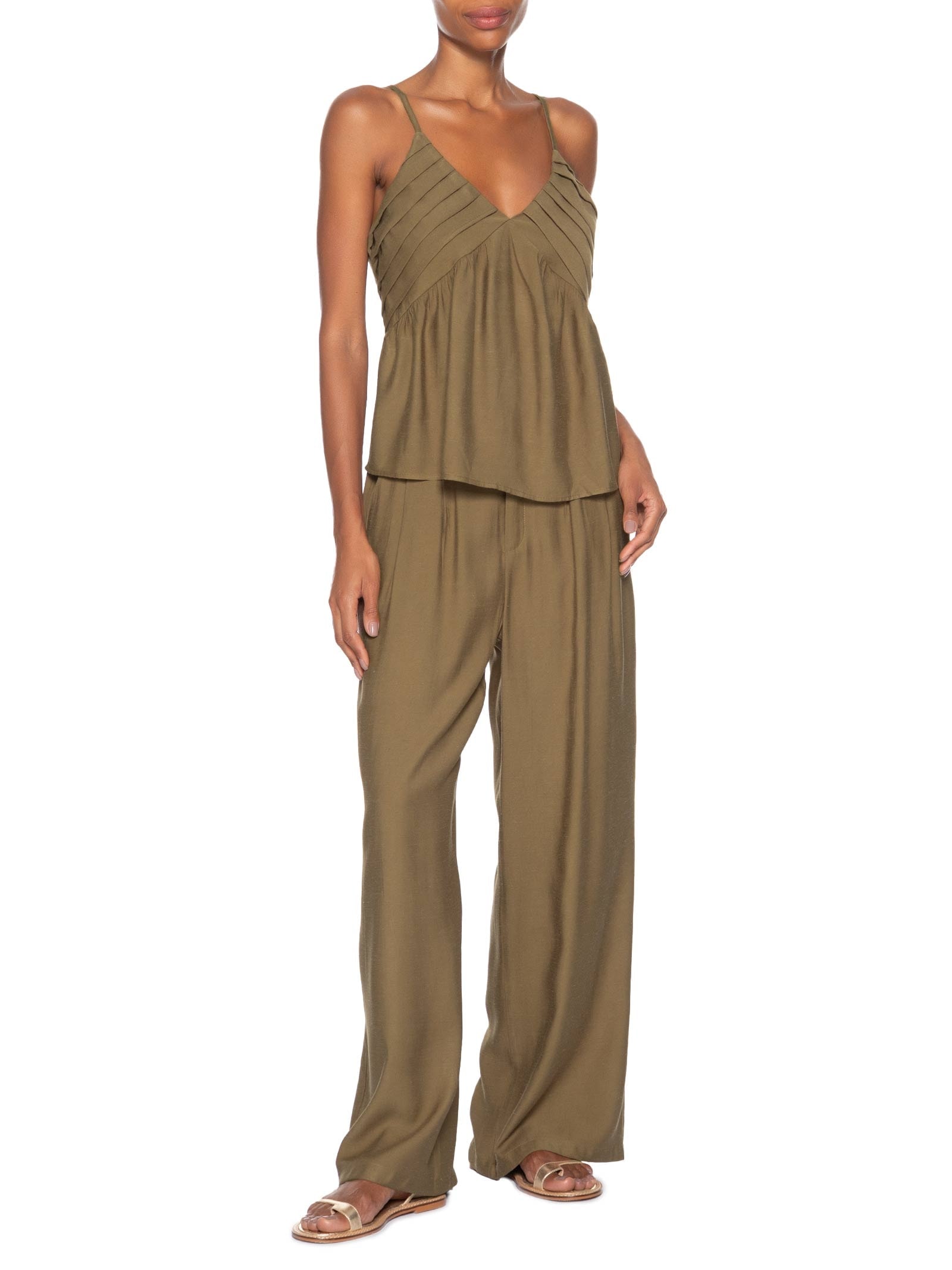 Conjunto Feminino Com Linho Blusa De Alça E Calça Reta Marrom Basiq