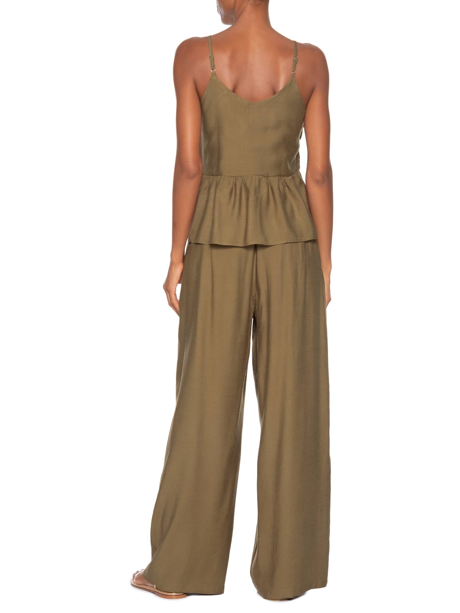 Conjunto Feminino Com Linho Blusa De Alça E Calça Reta Marrom Basiq