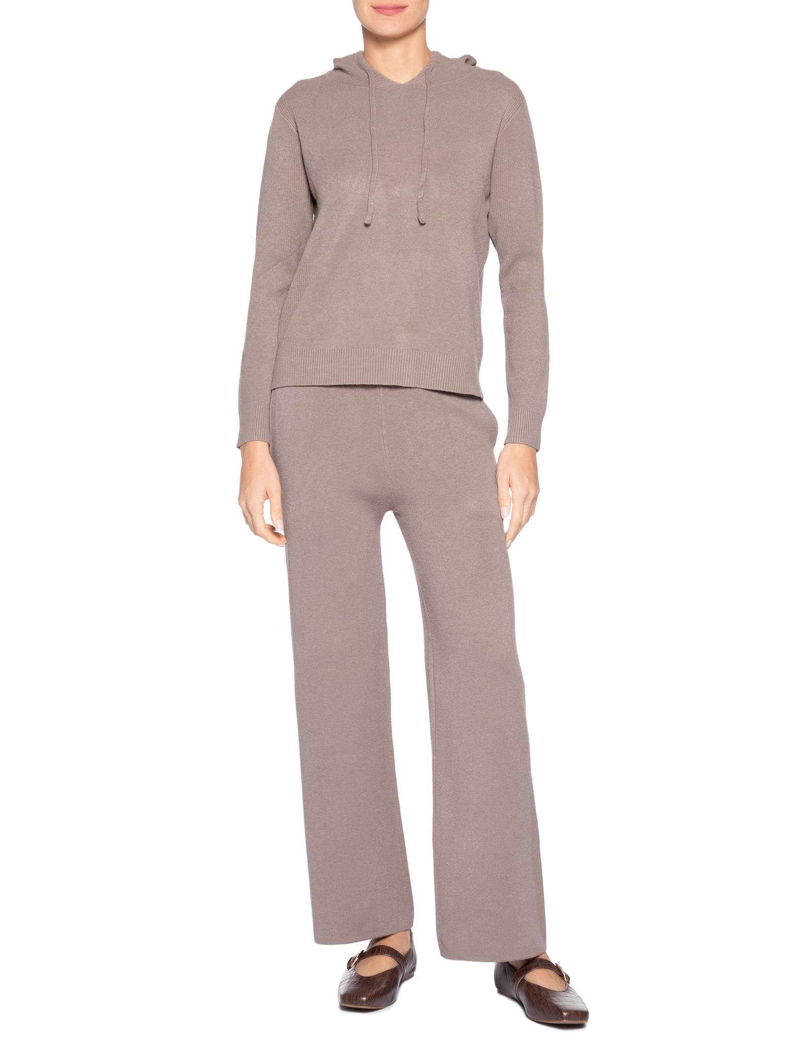 Conjunto Feminino Em Tricot Com Capuz Bege Basiq