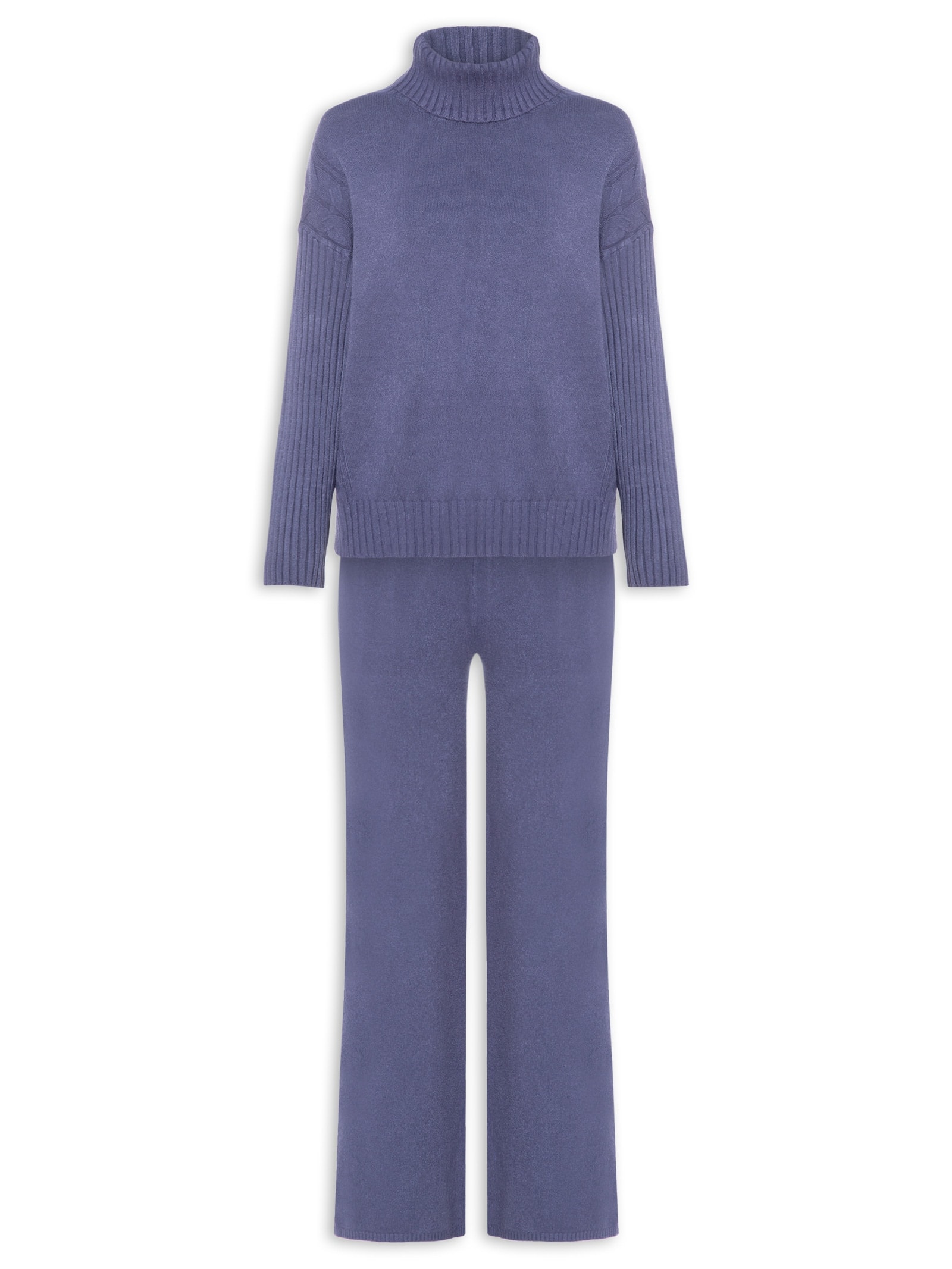 Conjunto Feminino Em Tricot Com Detalhe Texturizado Azul Basiq