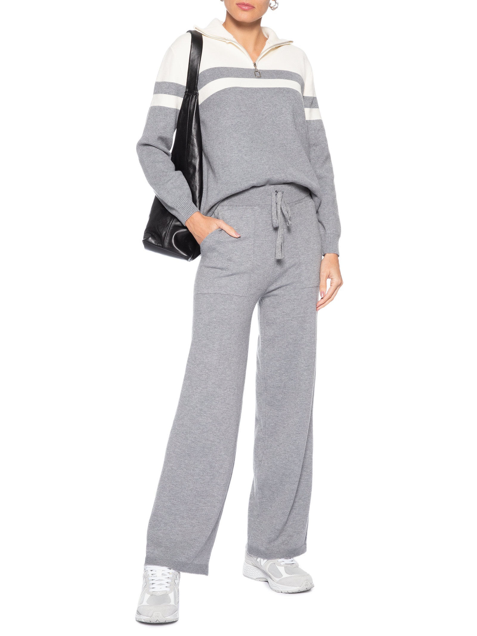 Conjunto Feminino Em Tricot Com Listras Cinza Basiq