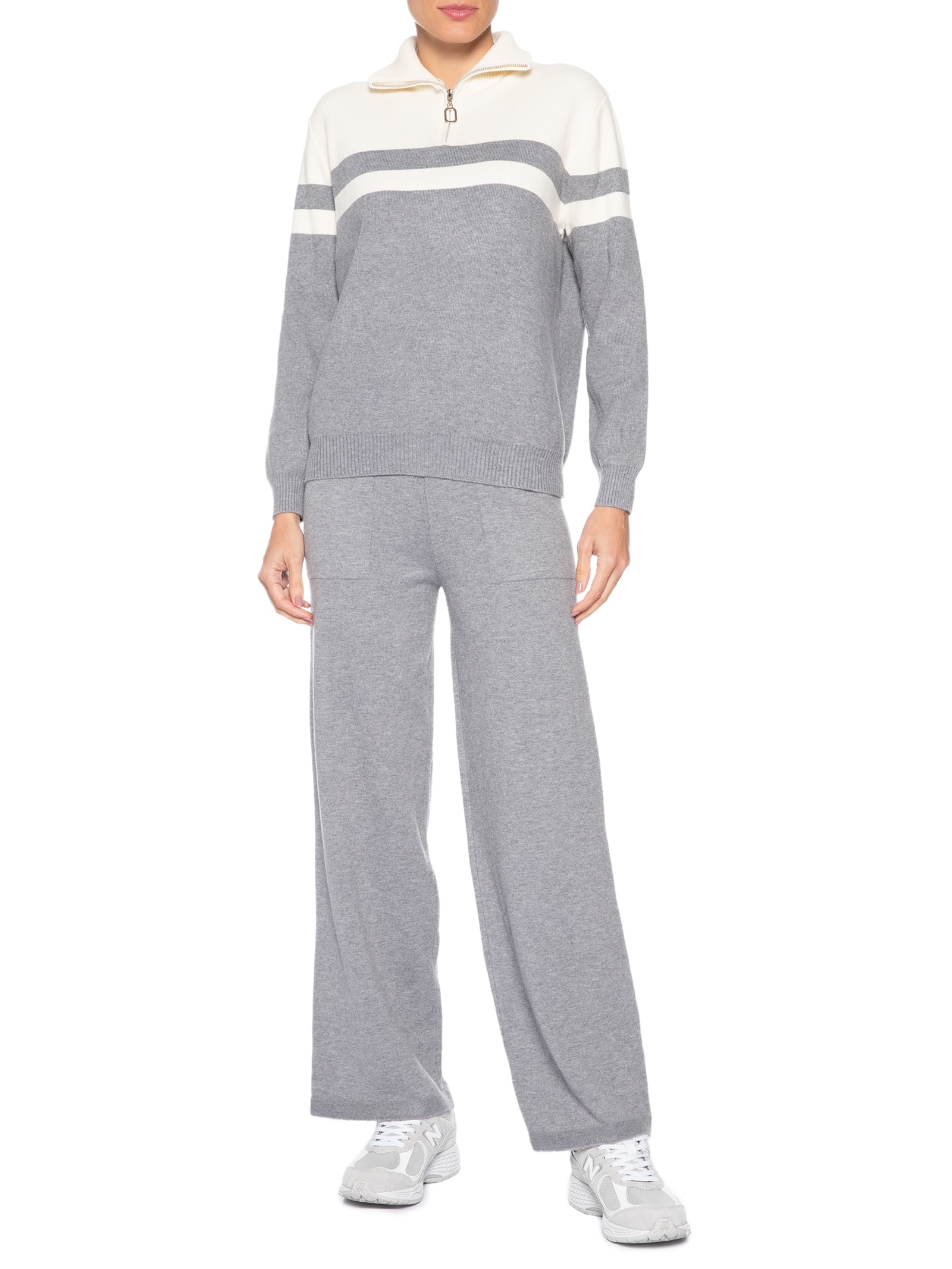 Conjunto Feminino Em Tricot Com Listras Cinza Basiq