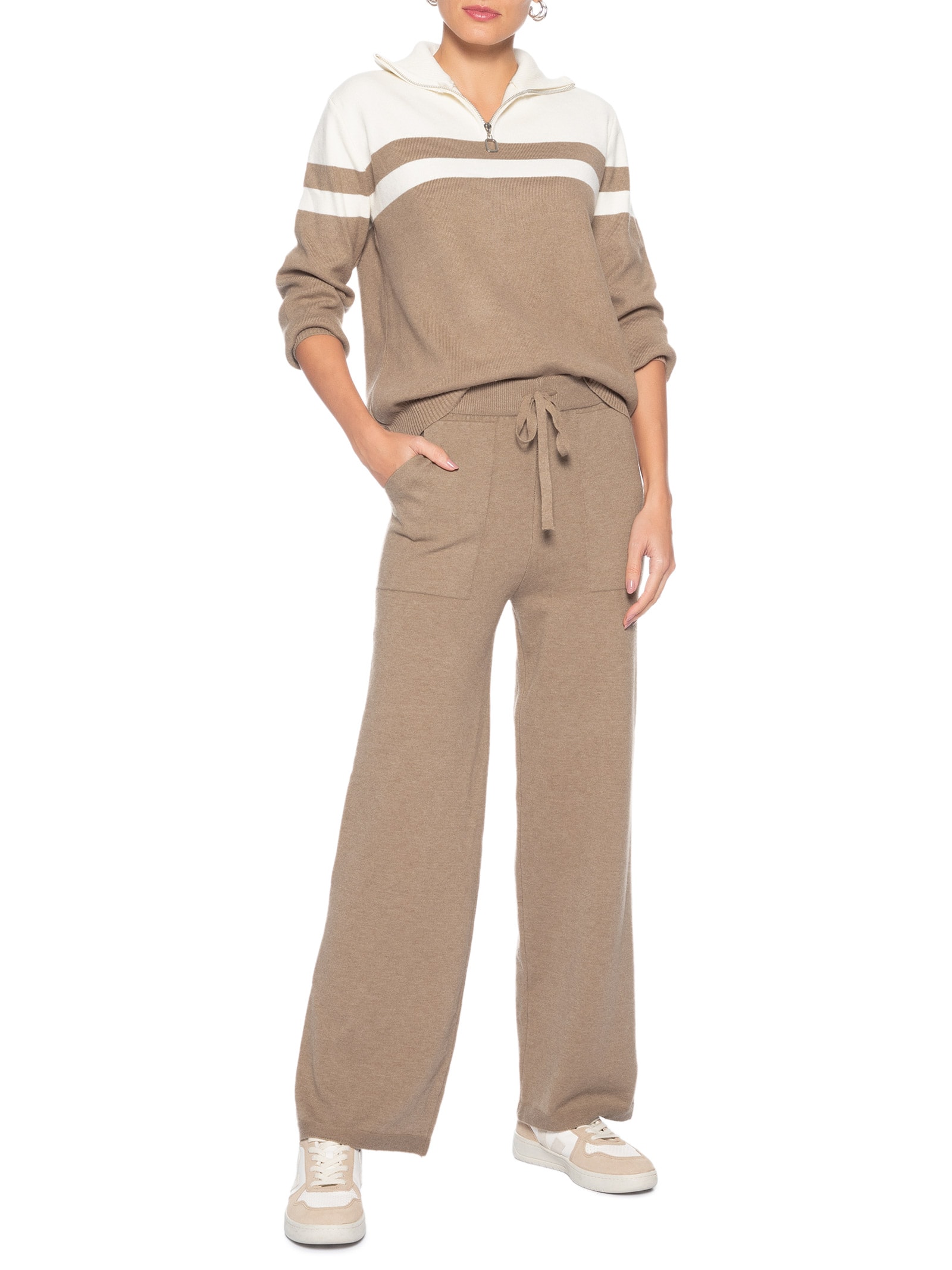Conjunto Feminino Em Tricot Com Listras Marrom Basiq