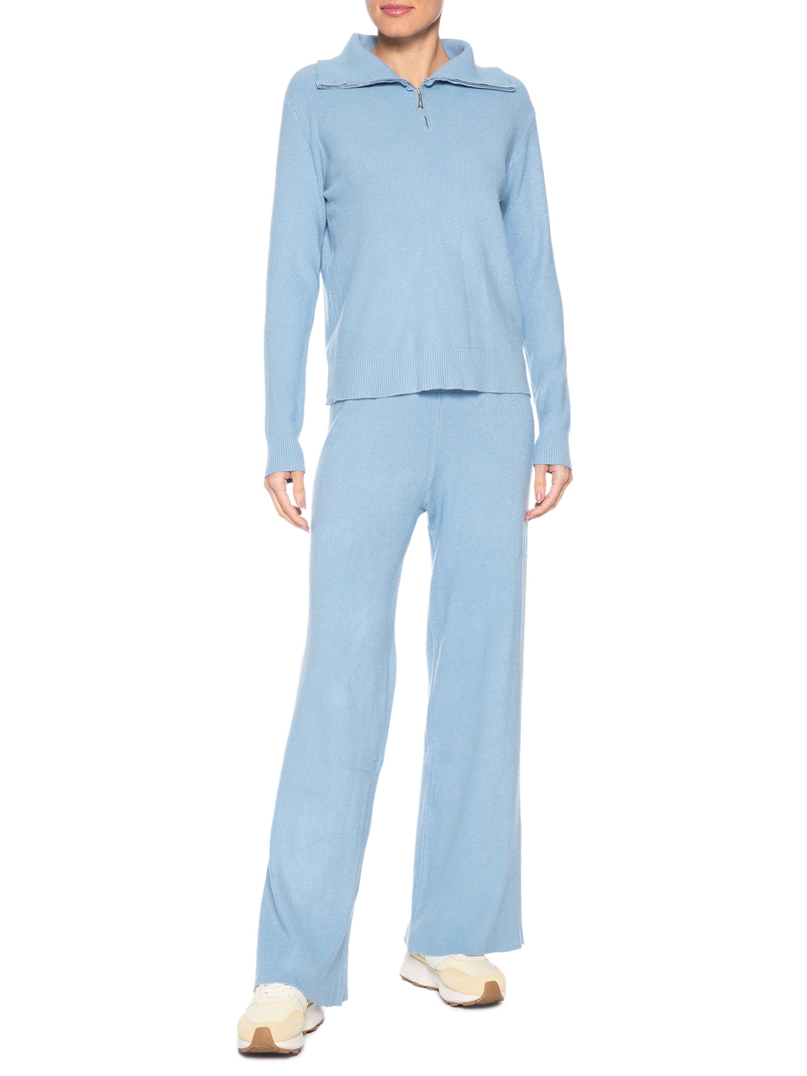 Conjunto Feminino Em Tricot Gola Polo – Azul Basiq