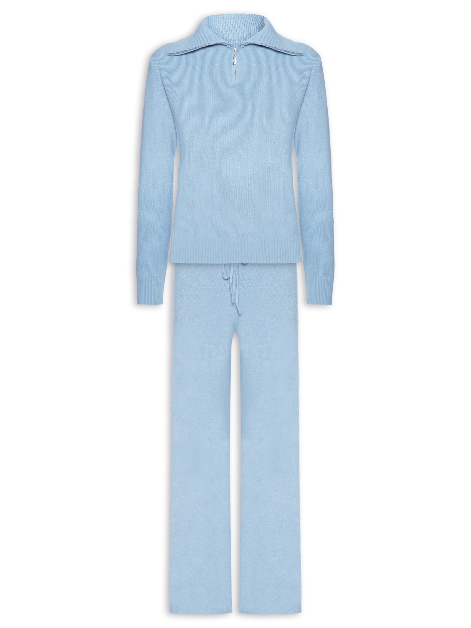 Conjunto Feminino Em Tricot Gola Polo – Azul Basiq