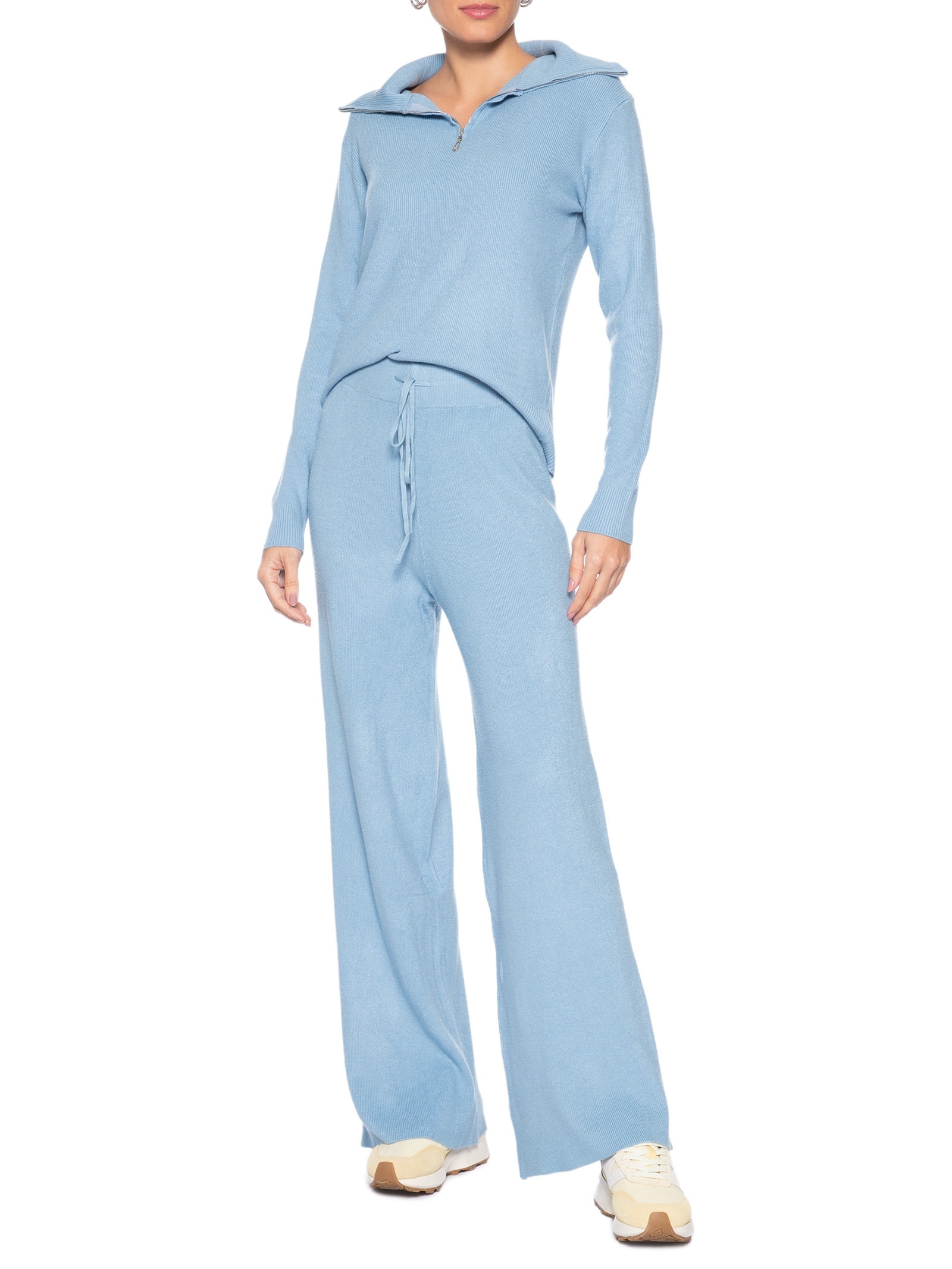 Conjunto Feminino Em Tricot Gola Polo – Azul Basiq