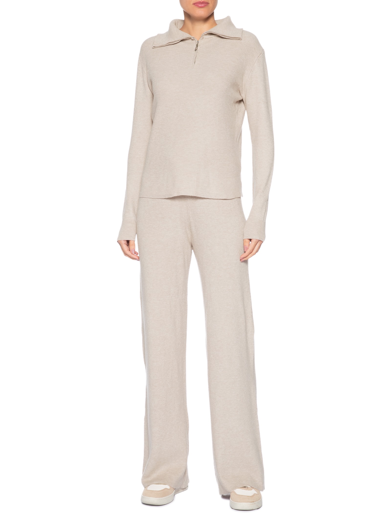 Conjunto Feminino Em Tricot Gola Polo – Bege Basiq