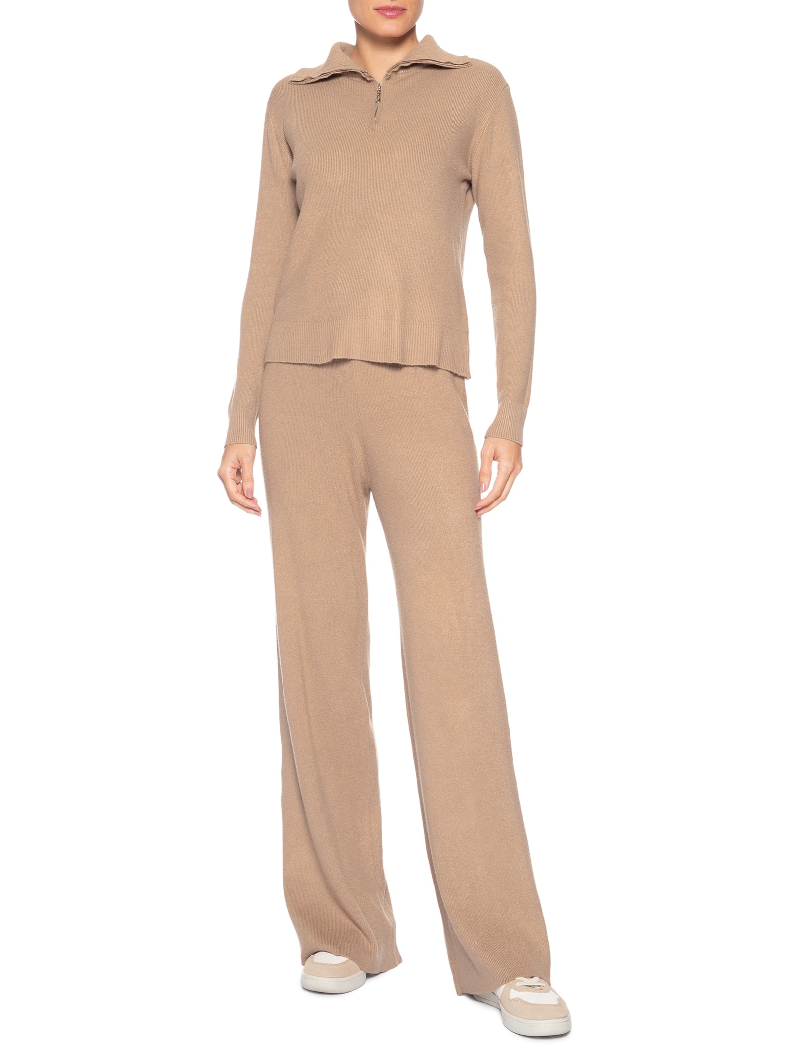 Conjunto Feminino Em Tricot Gola Polo – Bege Basiq