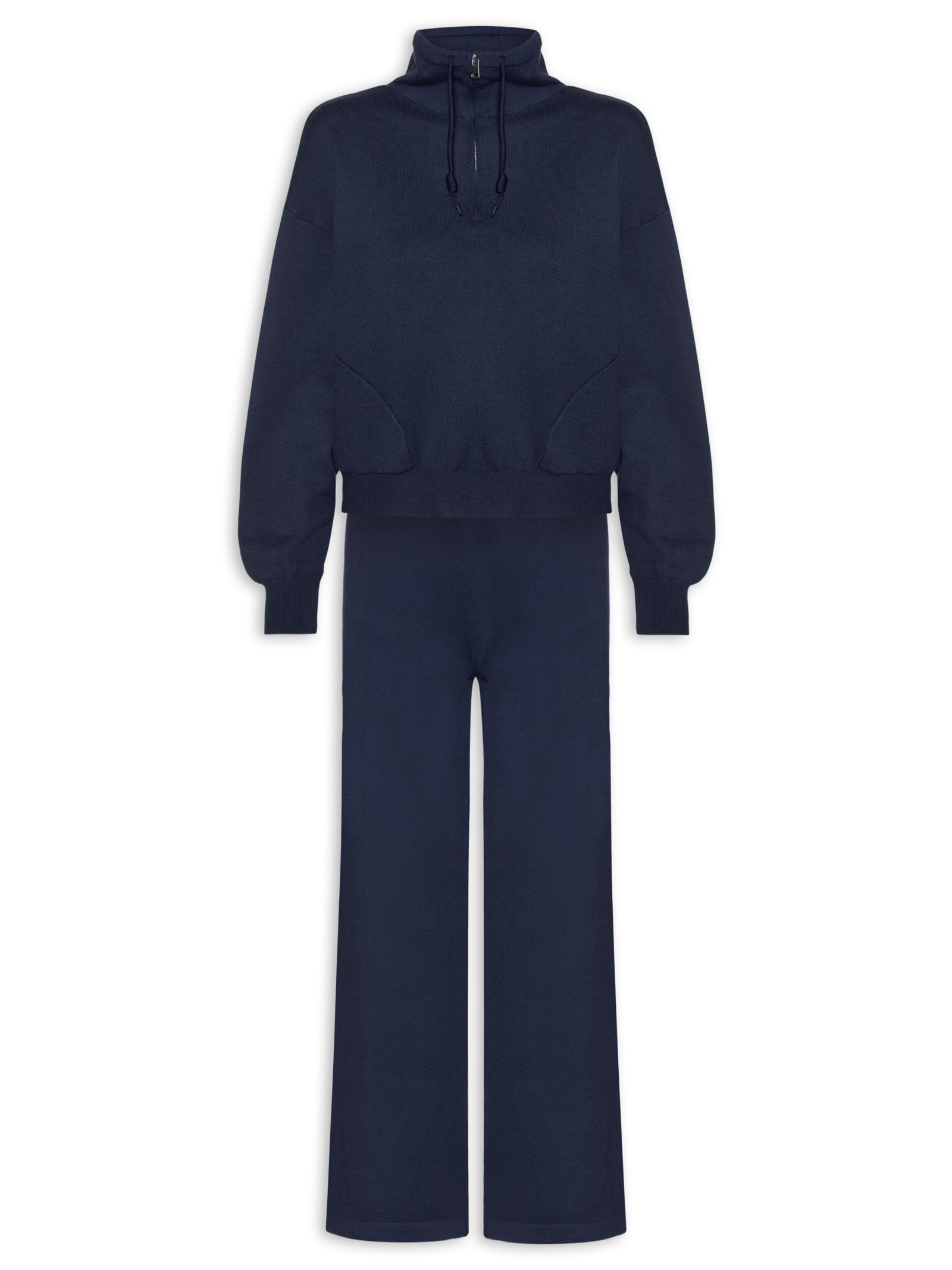 Conjunto Feminino Em Tricot Meio Zíper Azul Basiq