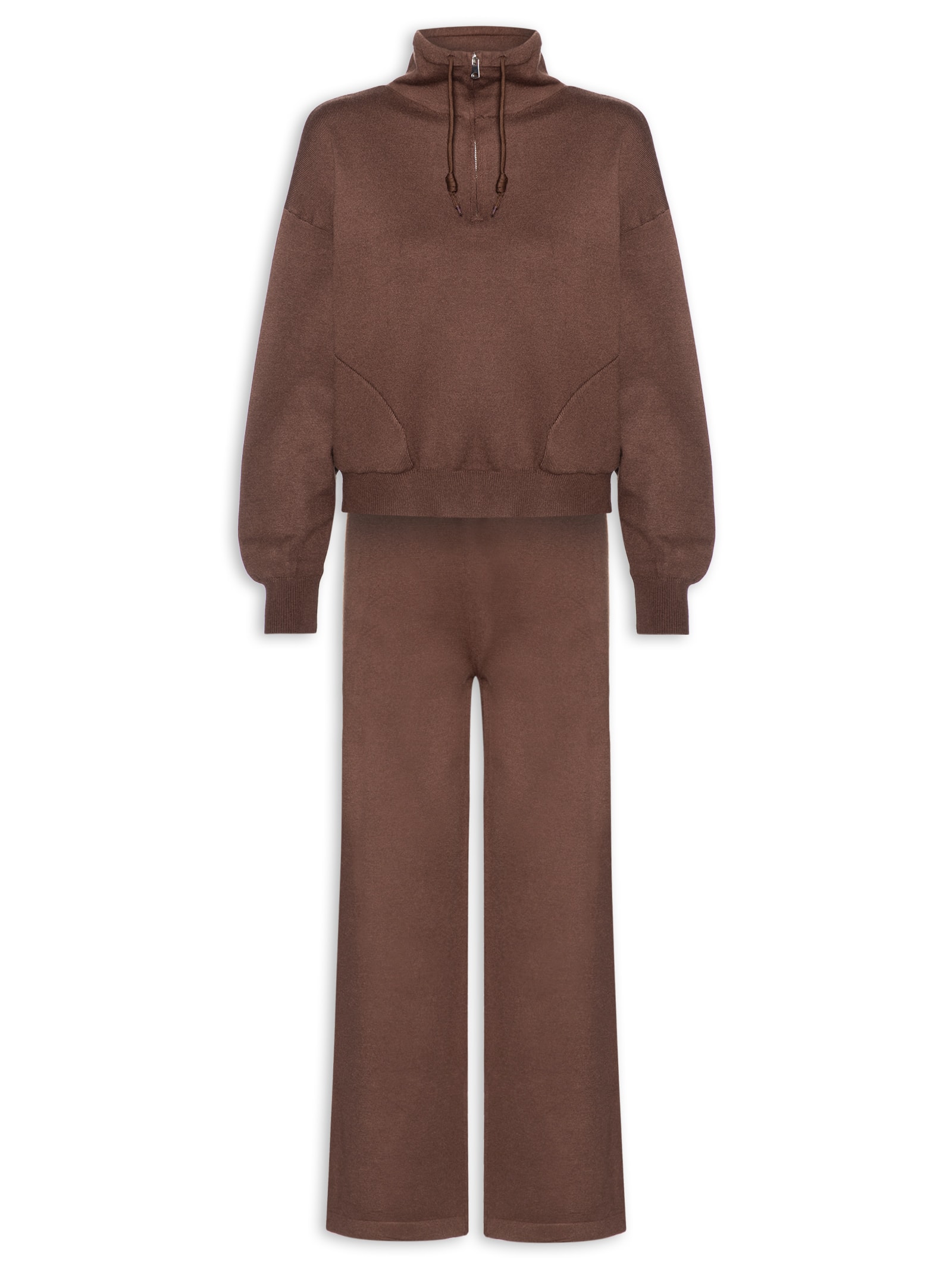 Conjunto Feminino Em Tricot Meio Zíper Marrom Basiq