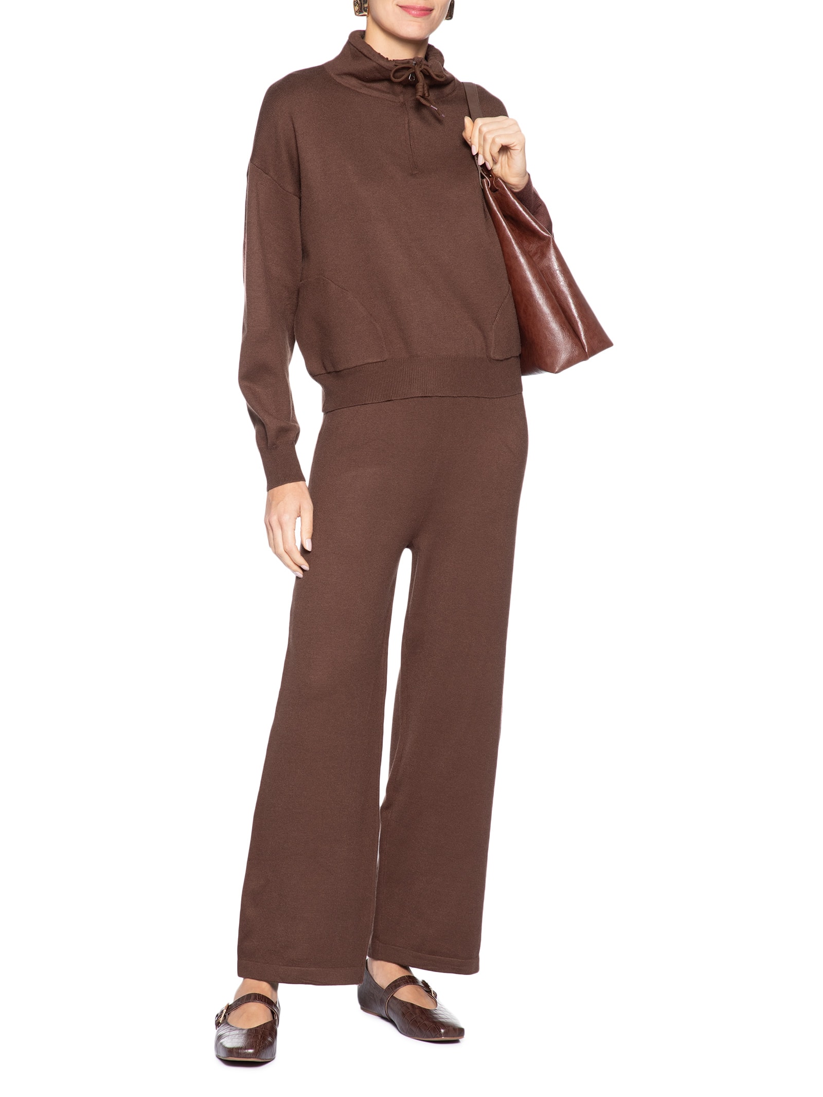 Conjunto Feminino Em Tricot Meio Zíper Marrom Basiq