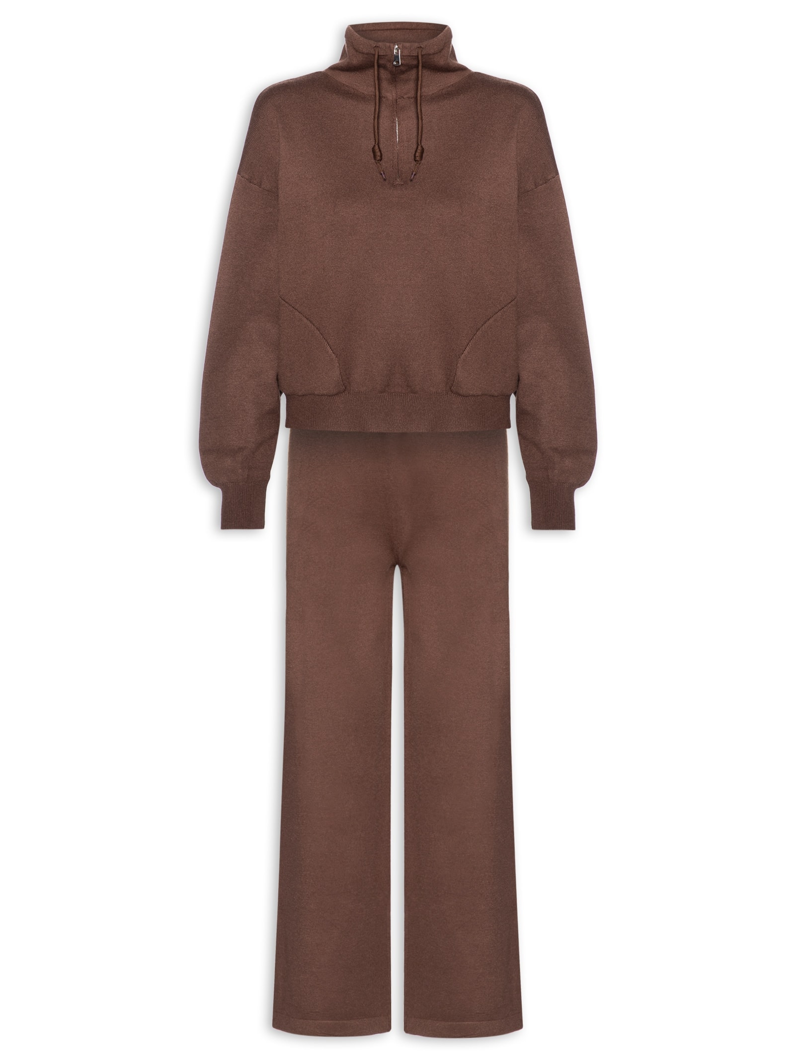 Conjunto Feminino Em Tricot Meio Zíper Marrom Basiq