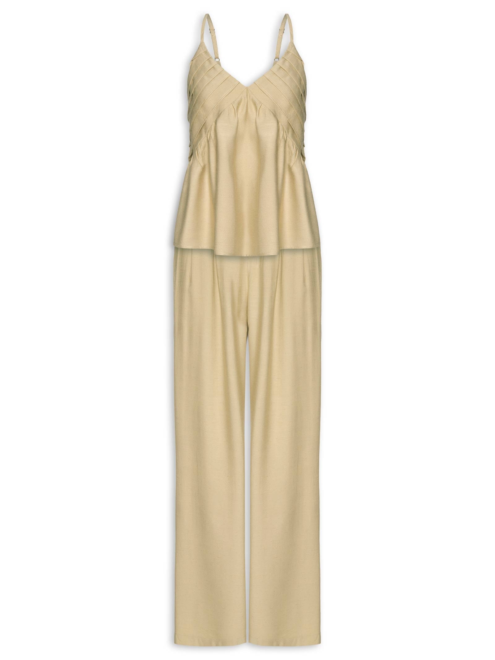 Conjunto Feminino Linho Blusa De Alça Calça Reta Bege Basiq