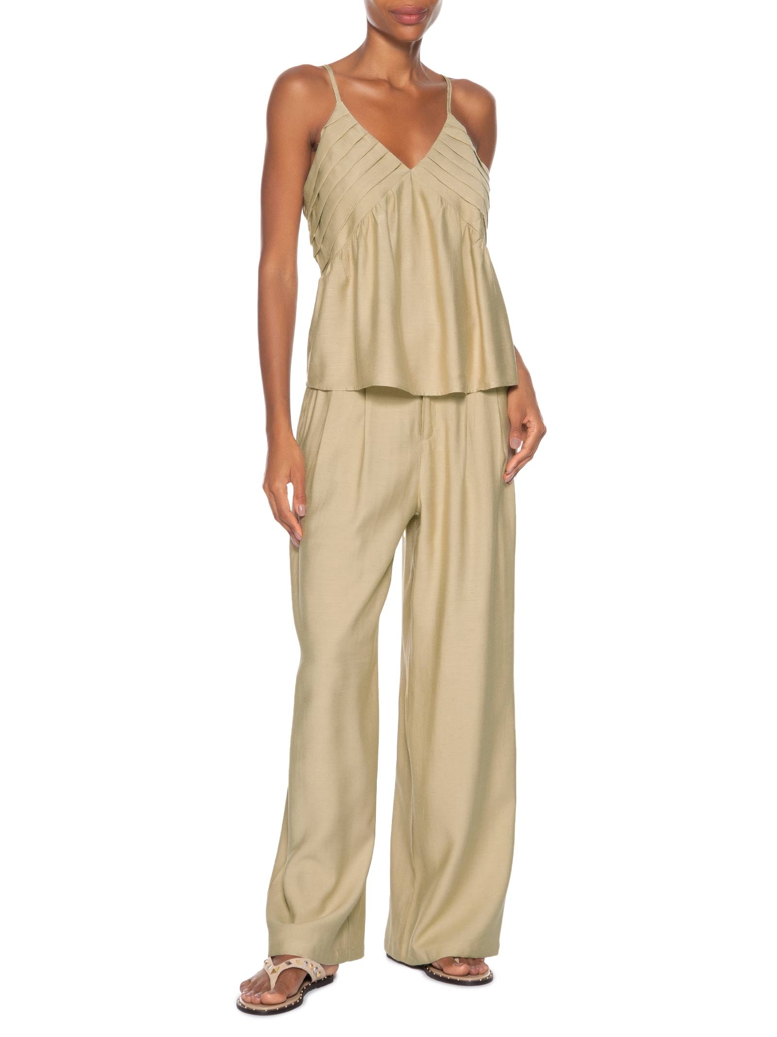 Conjunto Feminino Linho Blusa De Alça Calça Reta Bege Basiq