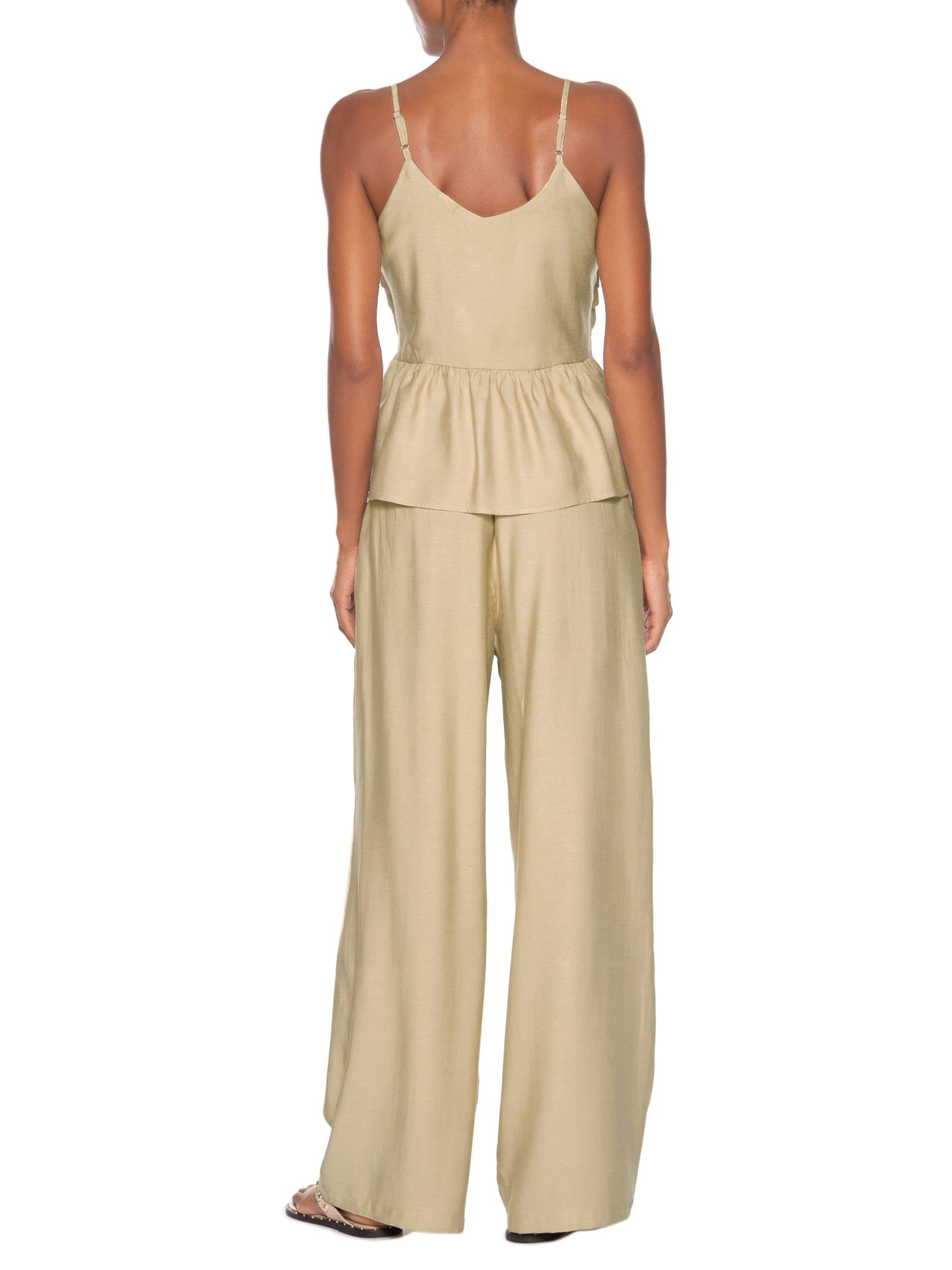 Conjunto Feminino Linho Blusa De Alça Calça Reta Bege Basiq