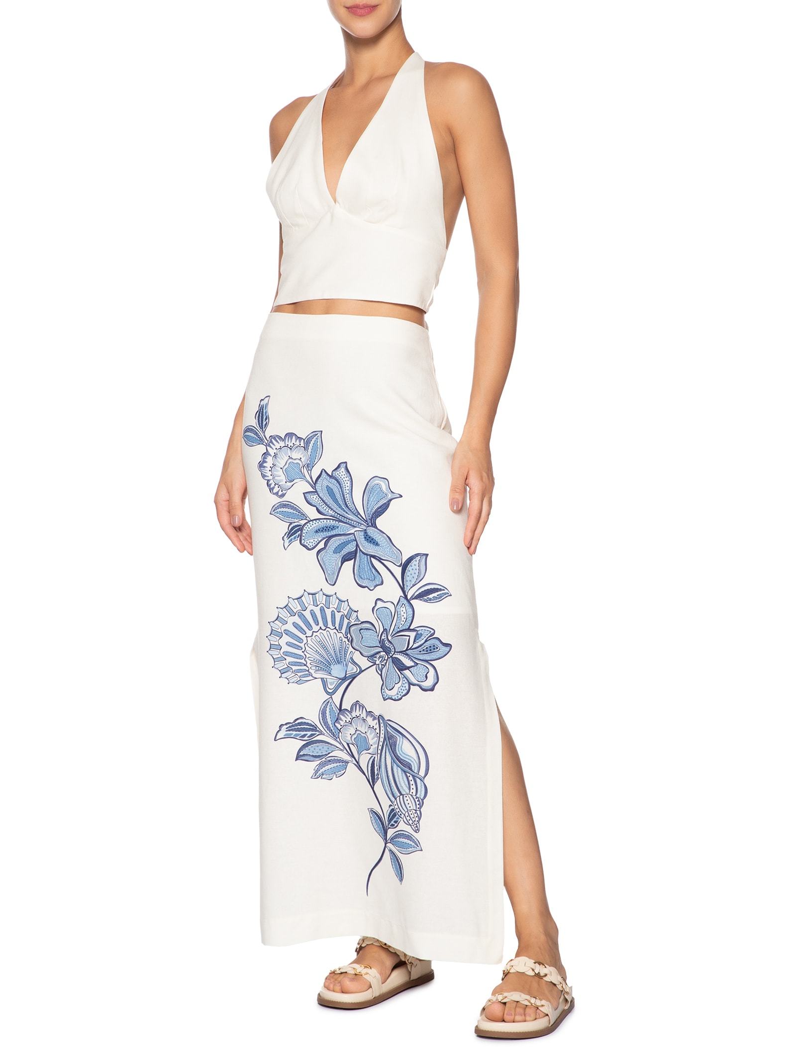 Conjunto Feminino Linho Estampa Flor Do Oceano Branco Dress To