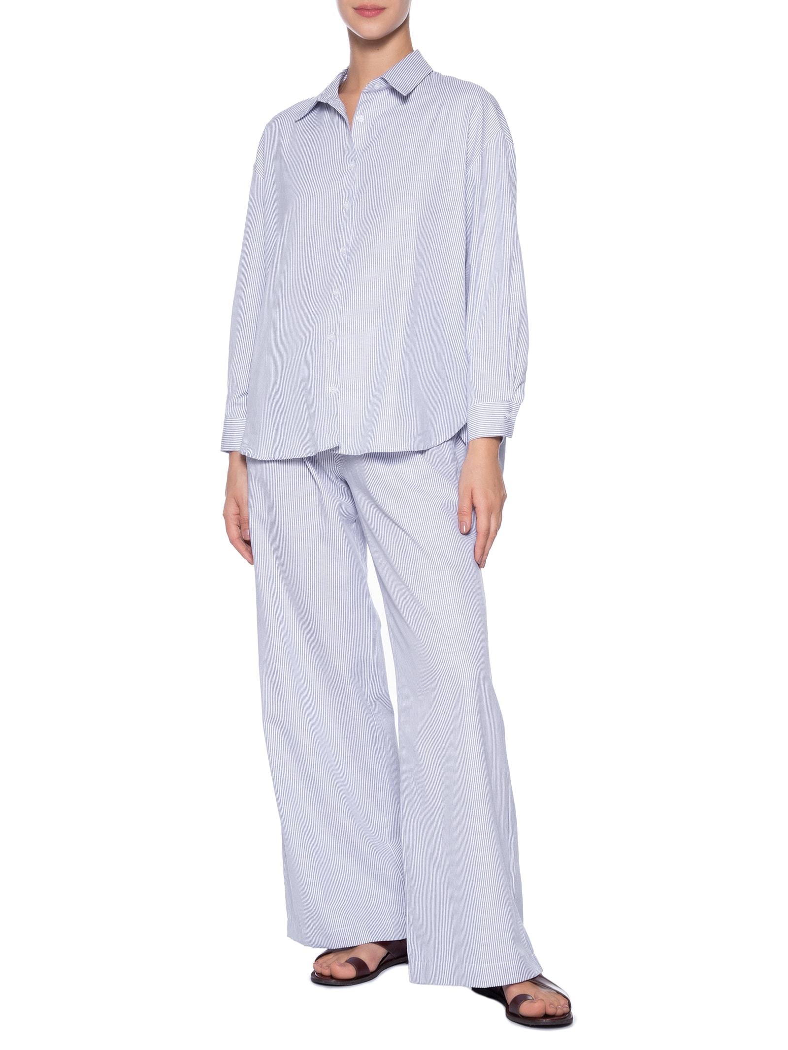 Conjunto Feminino Listrado Camisa E Calça Azul Basiq