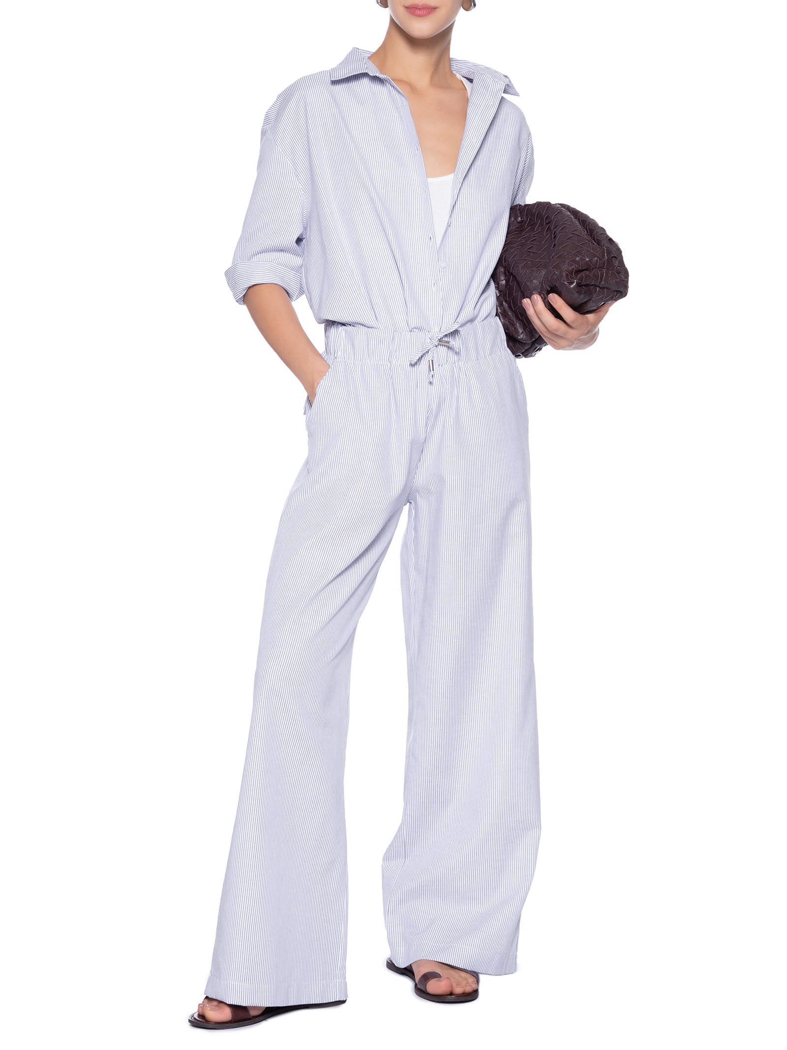 Conjunto Feminino Listrado Camisa E Calça Azul Basiq