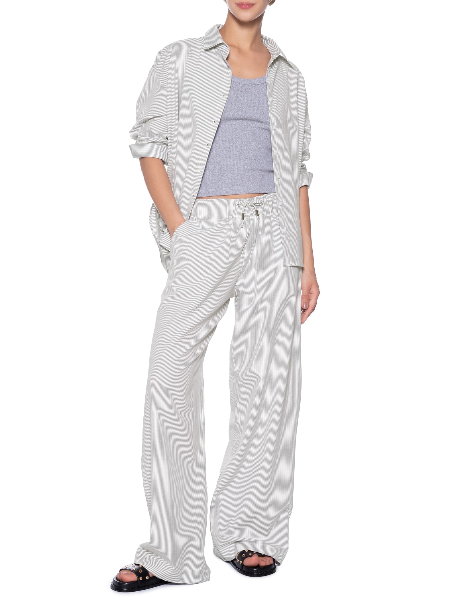 Conjunto Feminino Listrado Camisa E Calça Cinza Basiq