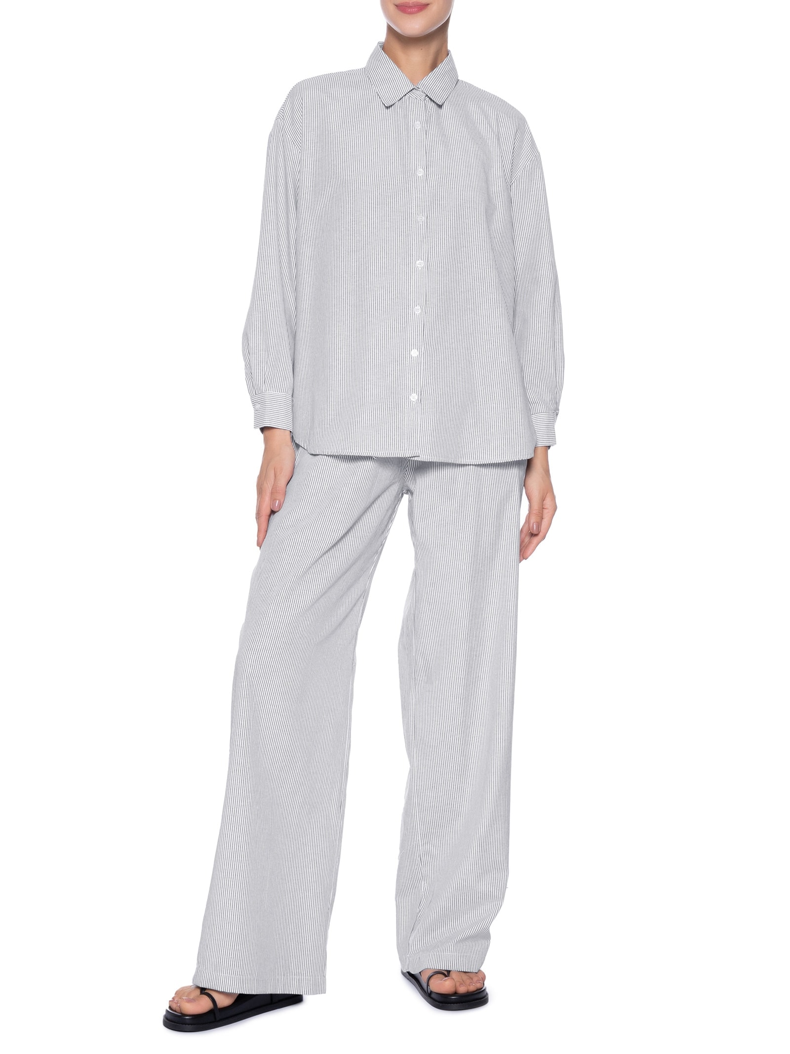 Conjunto Feminino Listrado Camisa E Calça Preto Basiq