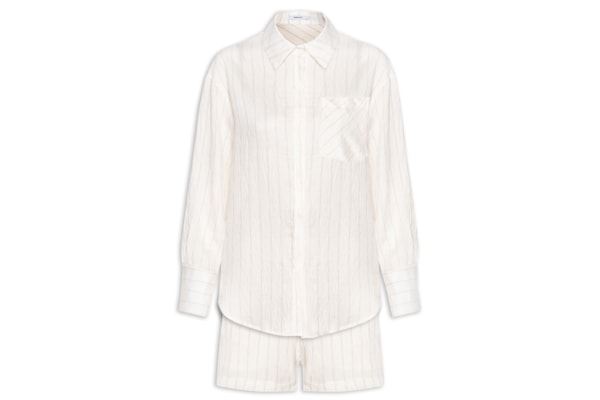 Conjunto Feminino Listrado Com Camisa Manga Longa E Short - Off White