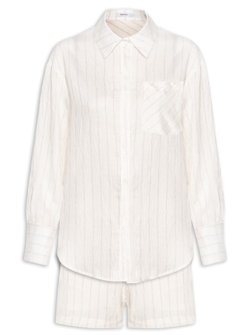 Conjunto Feminino Listrado Com Camisa Manga Longa E Short – Off White