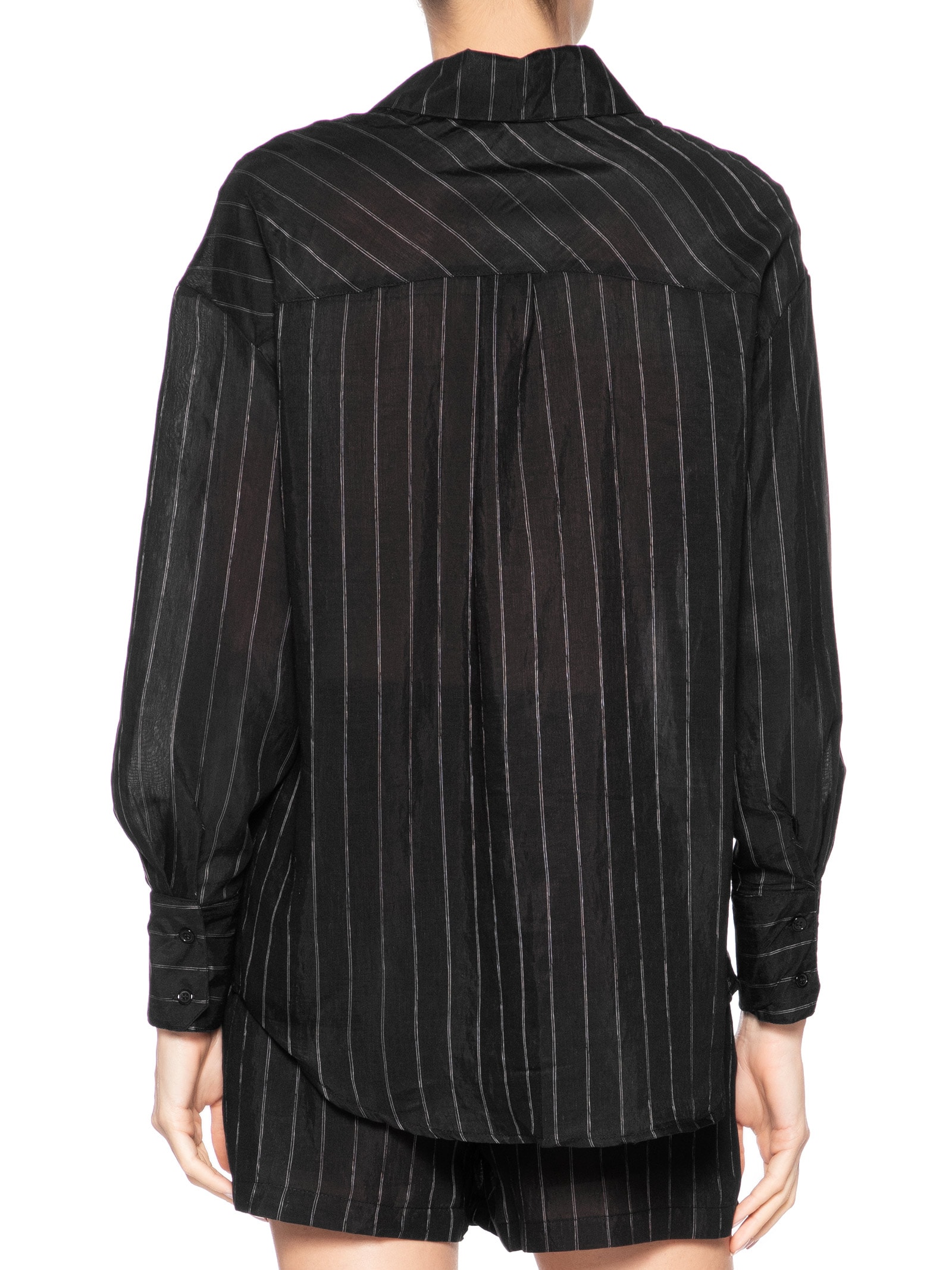 Conjunto Feminino Listrado Com Camisa Manga Longa E Short Preto Basiq