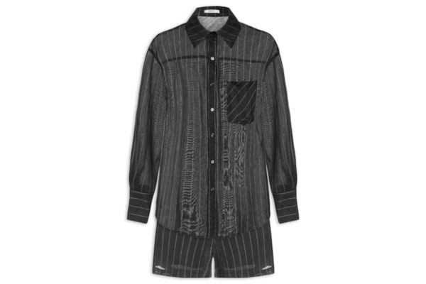 Conjunto Feminino Listrado Com Camisa Manga Longa E Short - Preto