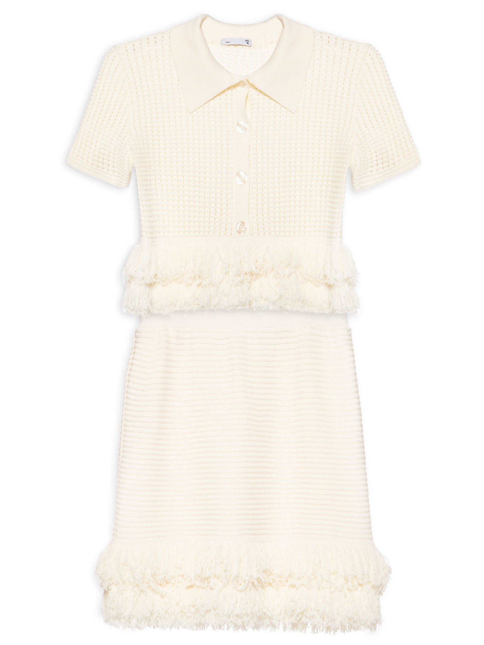 Conjunto Feminino Polo E Saia Curta Com Franjas Em Tricot Off White '2Essential