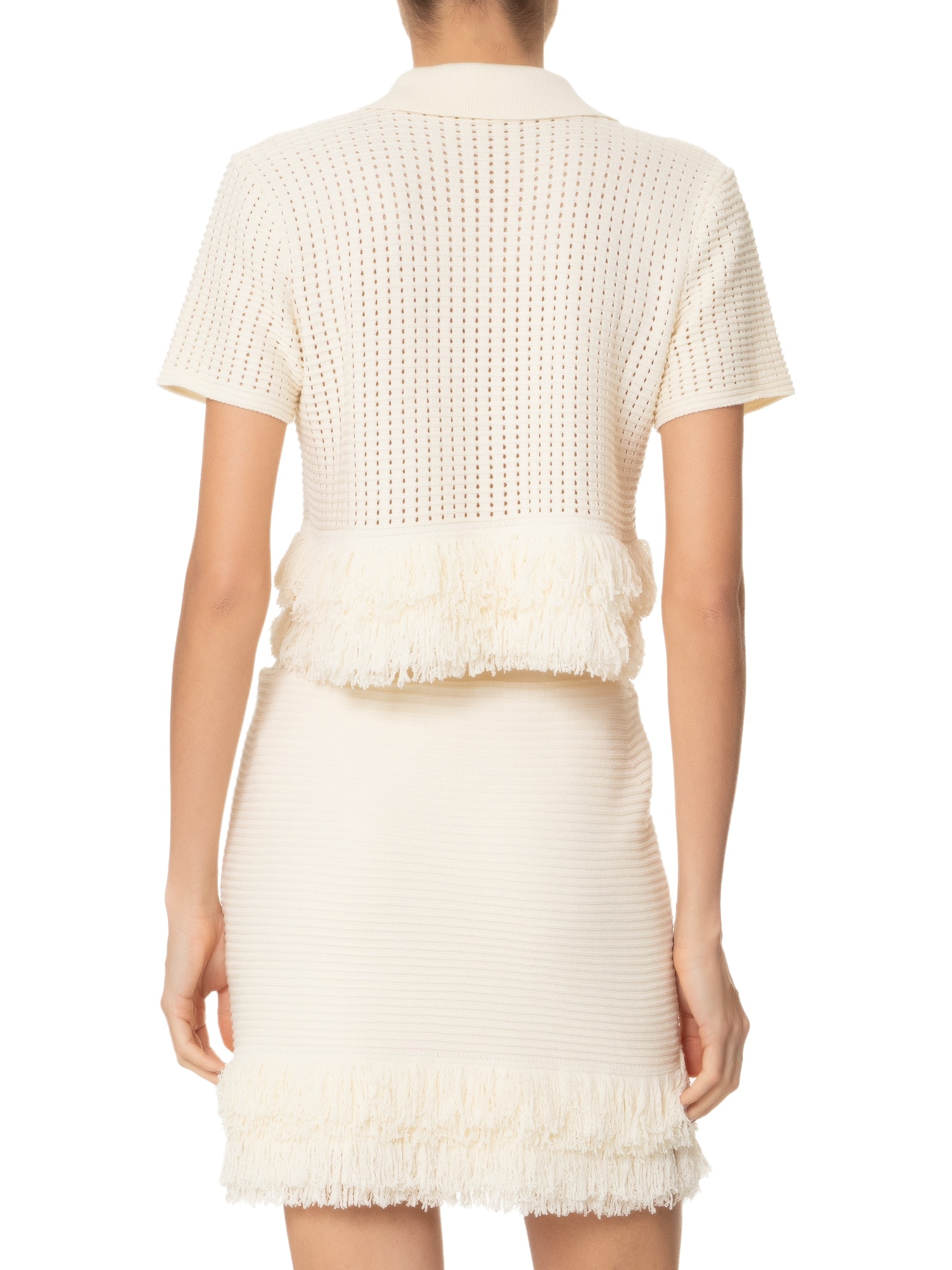 Conjunto Feminino Polo E Saia Curta Com Franjas Em Tricot Off White '2Essential