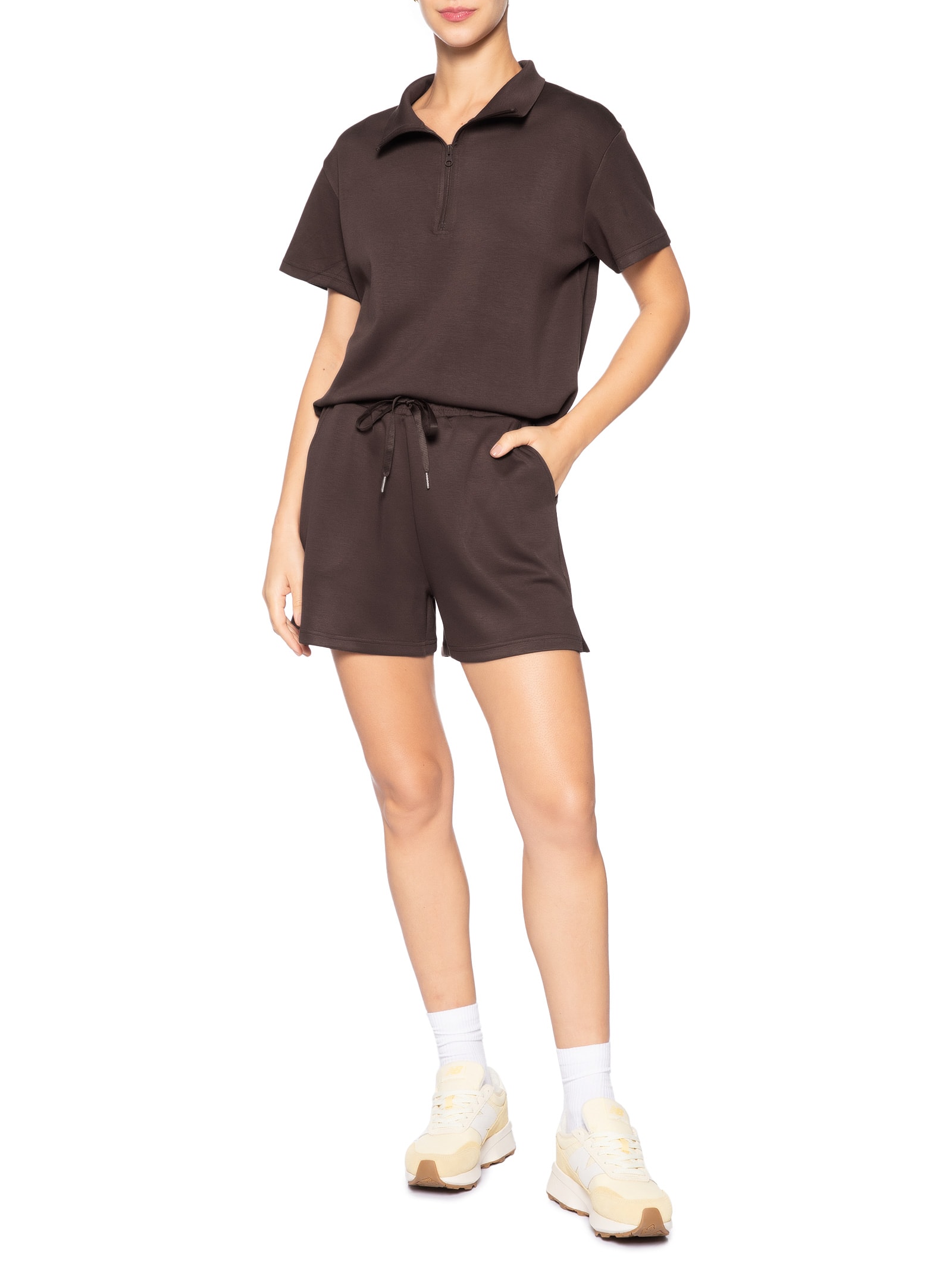 Conjunto Feminino Polo E Shorts Marrom Basiq