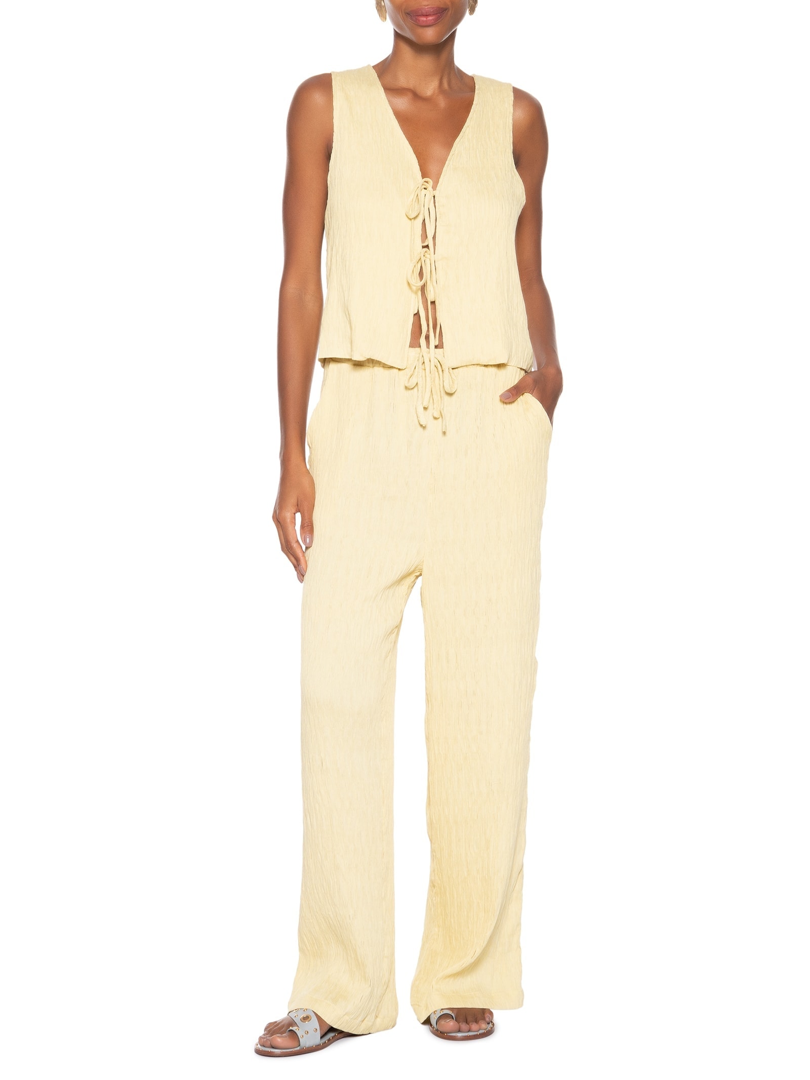 Conjunto Feminino Regata Amarração Calça Reta Amarelo Basiq