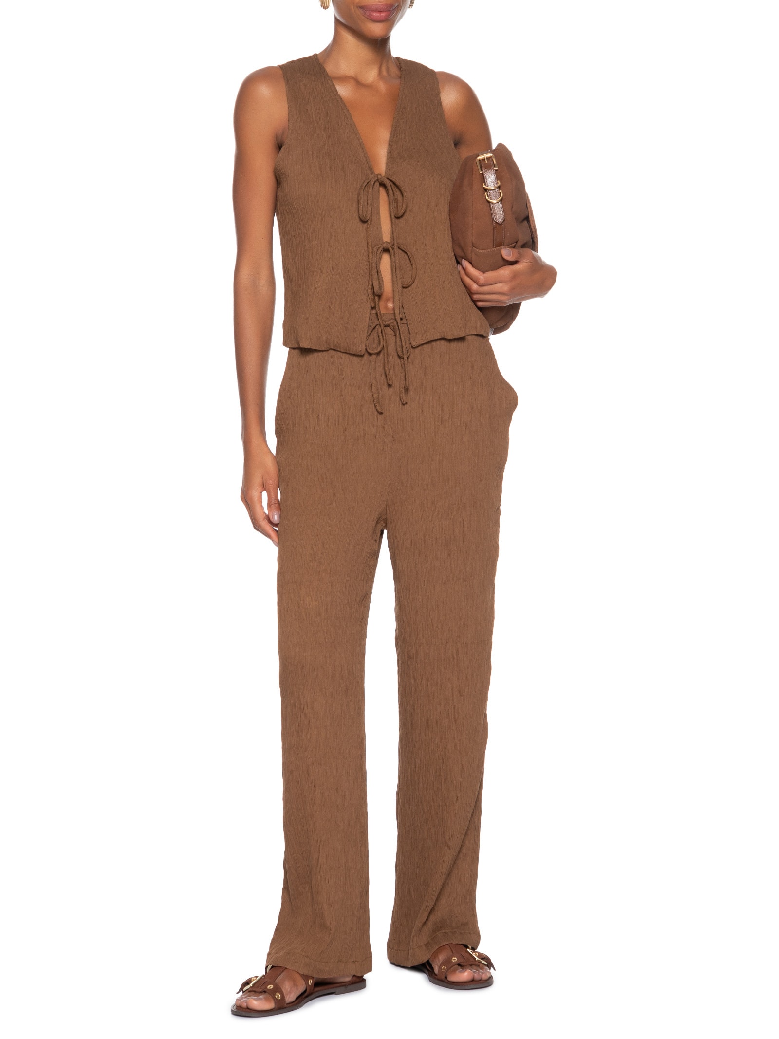 Conjunto Feminino Regata Amarração Calça Reta Marrom Basiq