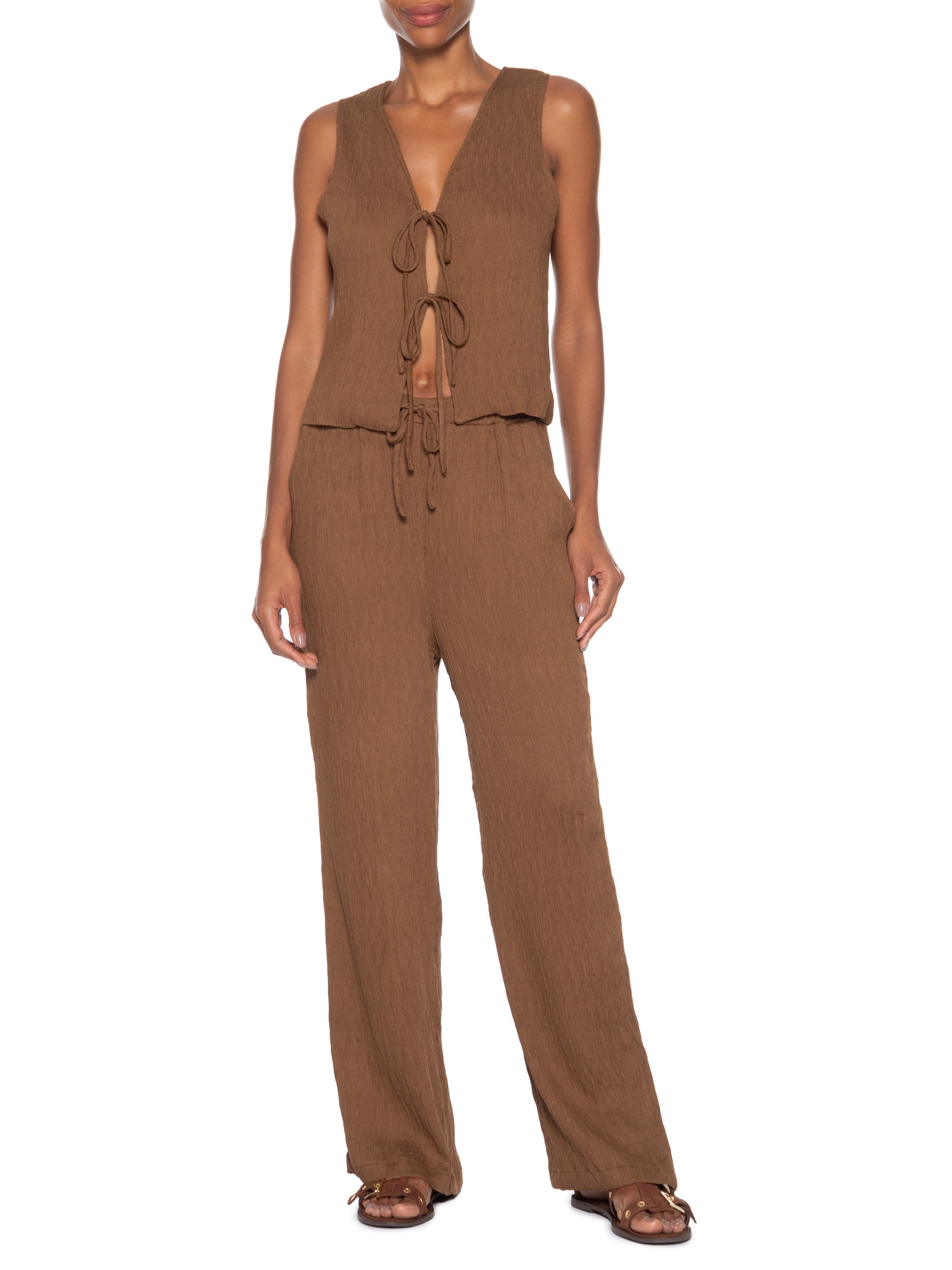 Conjunto Feminino Regata Amarração Calça Reta Marrom Basiq