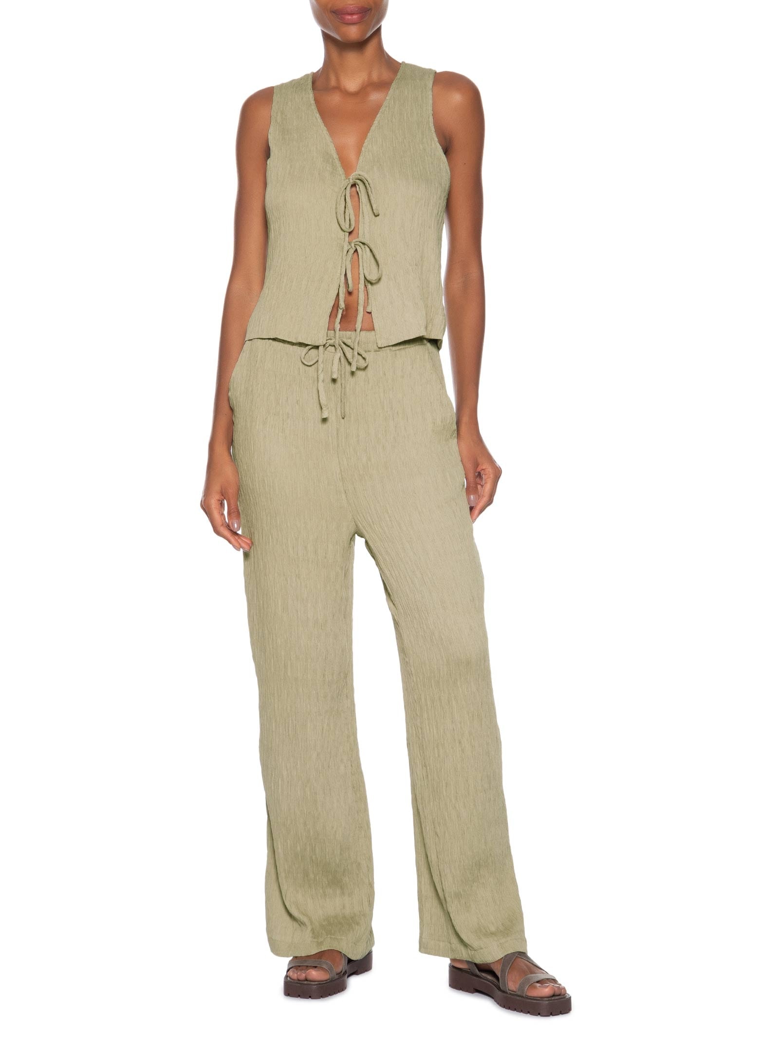 Conjunto Feminino Regata Amarração Calça Reta Verde Basiq