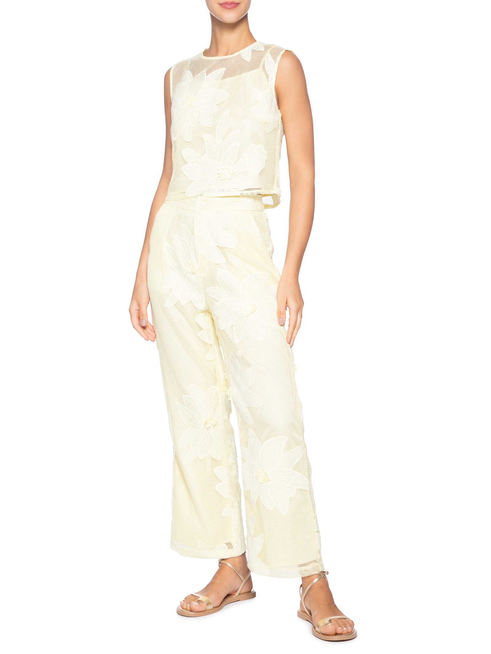 Conjunto Feminino Regata e Calça Pantalona Em Tela Amarelo '2Essential