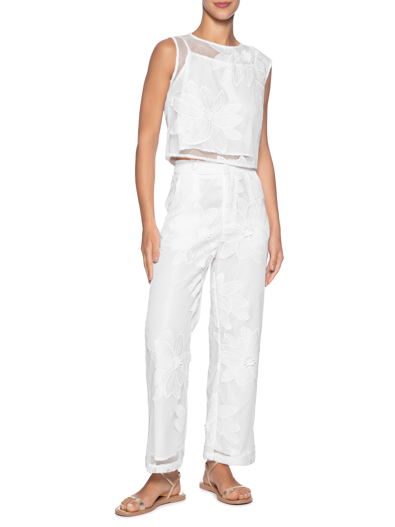 Conjunto Feminino Regata e Calça Pantalona Em Tela Branco '2Essential