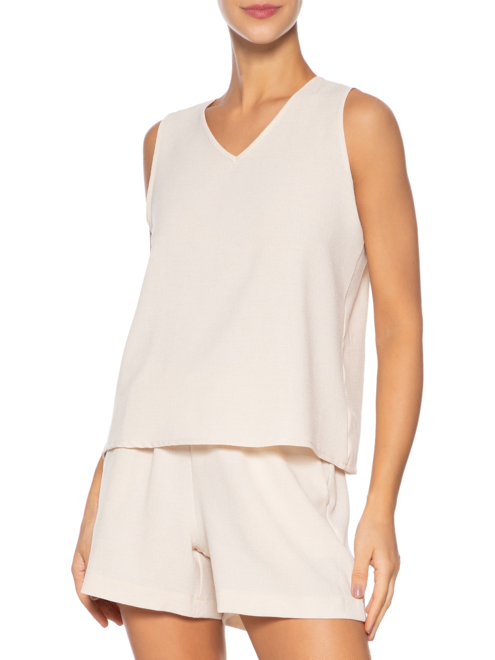 Conjunto Feminino Texturizado Blusa Com Short Bege Basiq