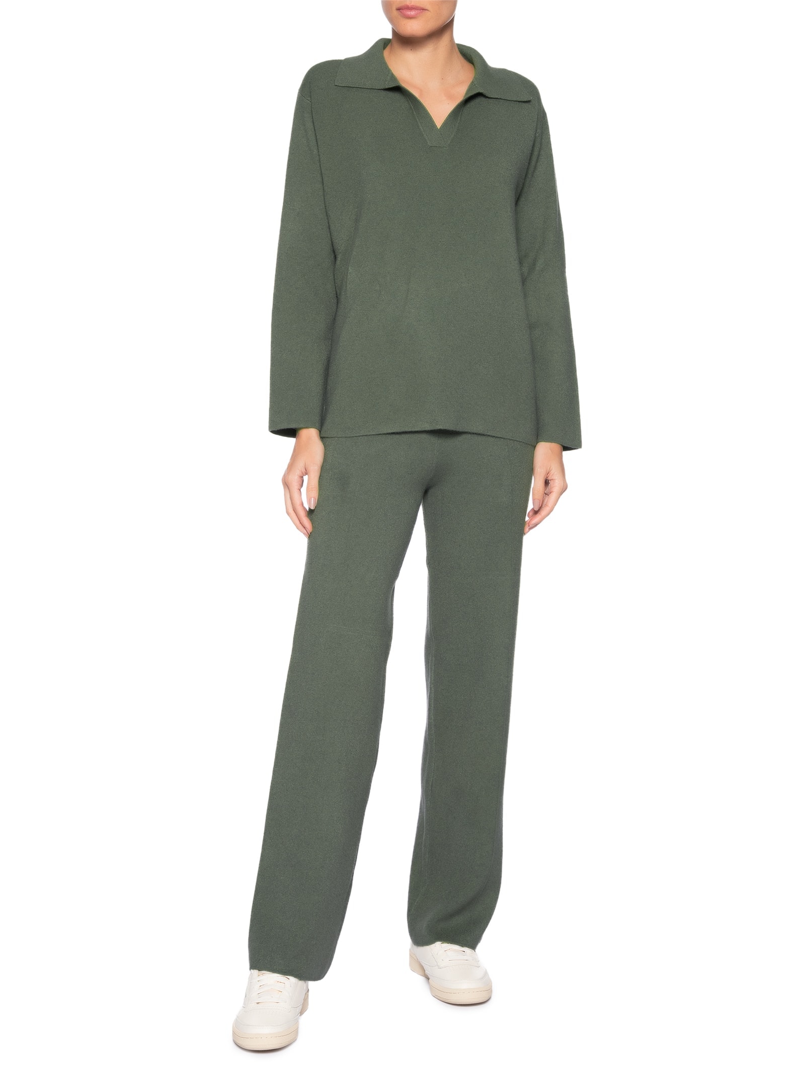Conjunto Feminino Tricot Gola Polo Verde Basiq