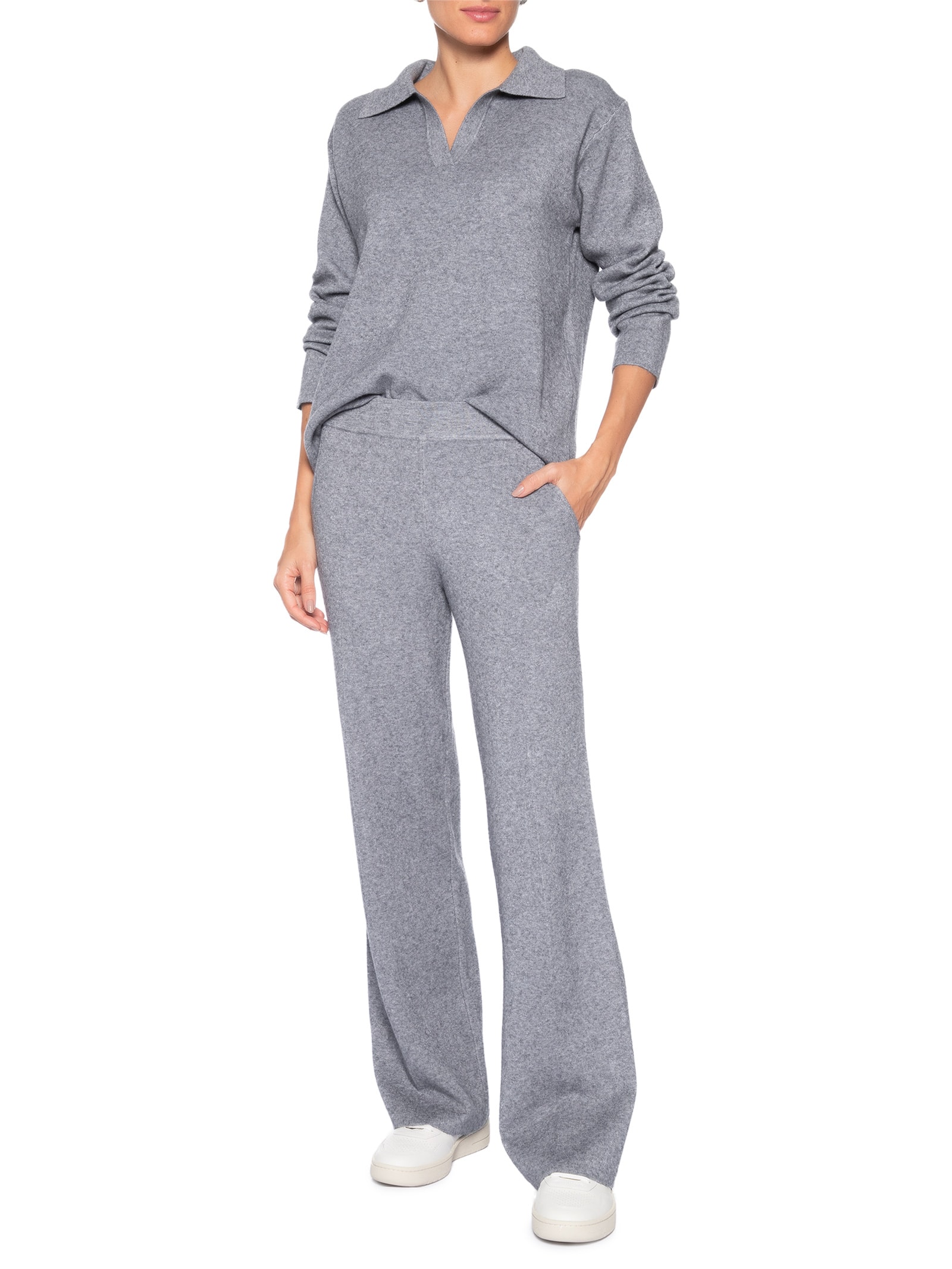Conjunto Feminino Tricot Gola Polo – Cinza Basiq