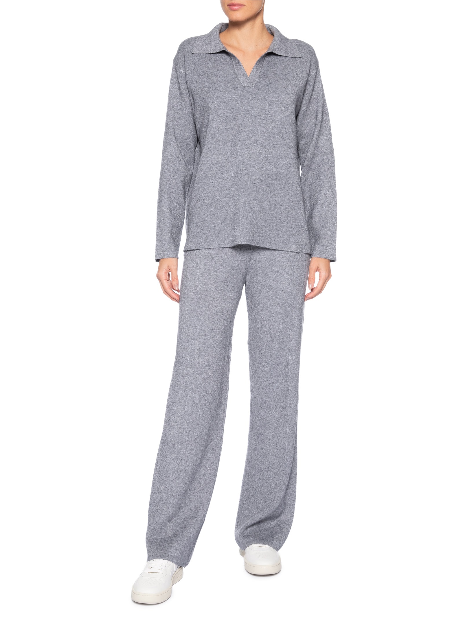 Conjunto Feminino Tricot Gola Polo – Cinza Basiq
