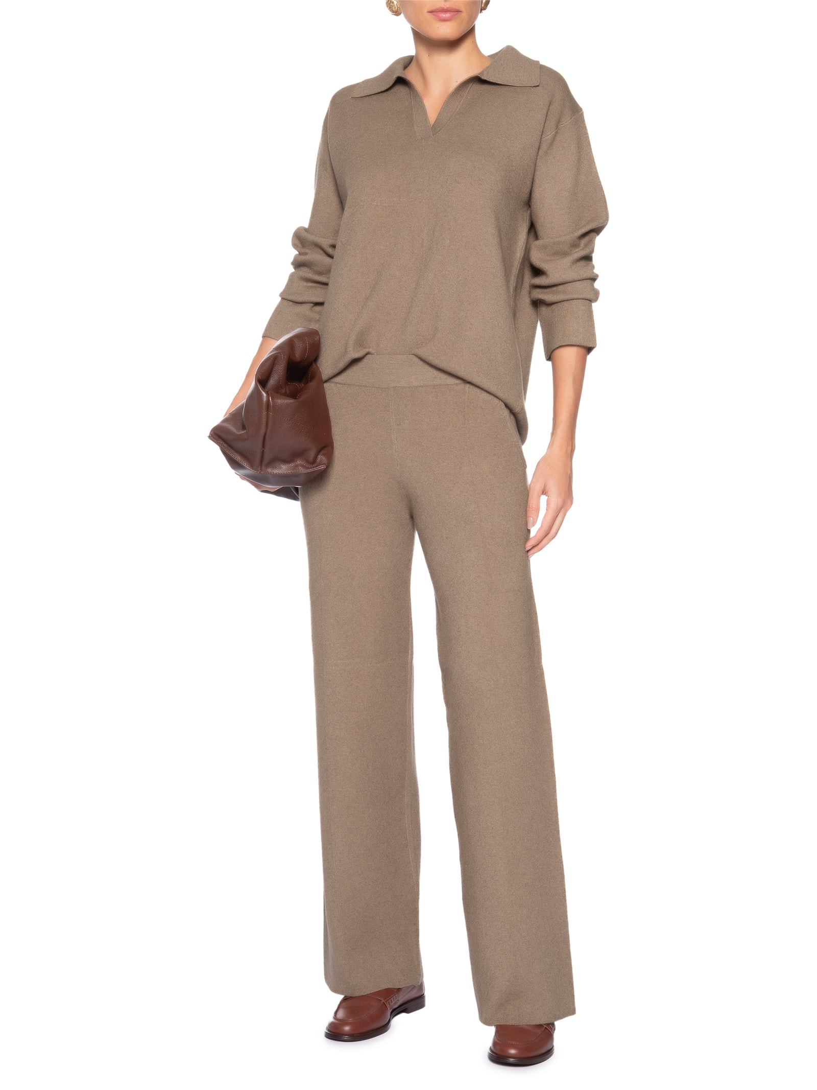 Conjunto Feminino Tricot Gola Polo – Marrom Basiq